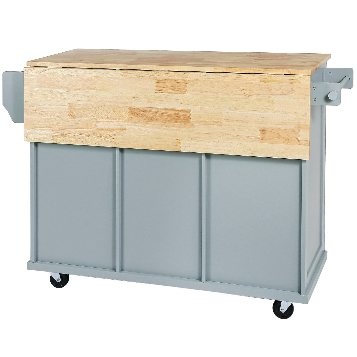 Melysen Kitchen Cart with Rubber wood Drop-Leaf Countertop ,Cabinet door internal storage racks,Kitchen Island on 5 Wheels with Storage Cabinet and 3 Drawers for Dinning Room, Grey Blue