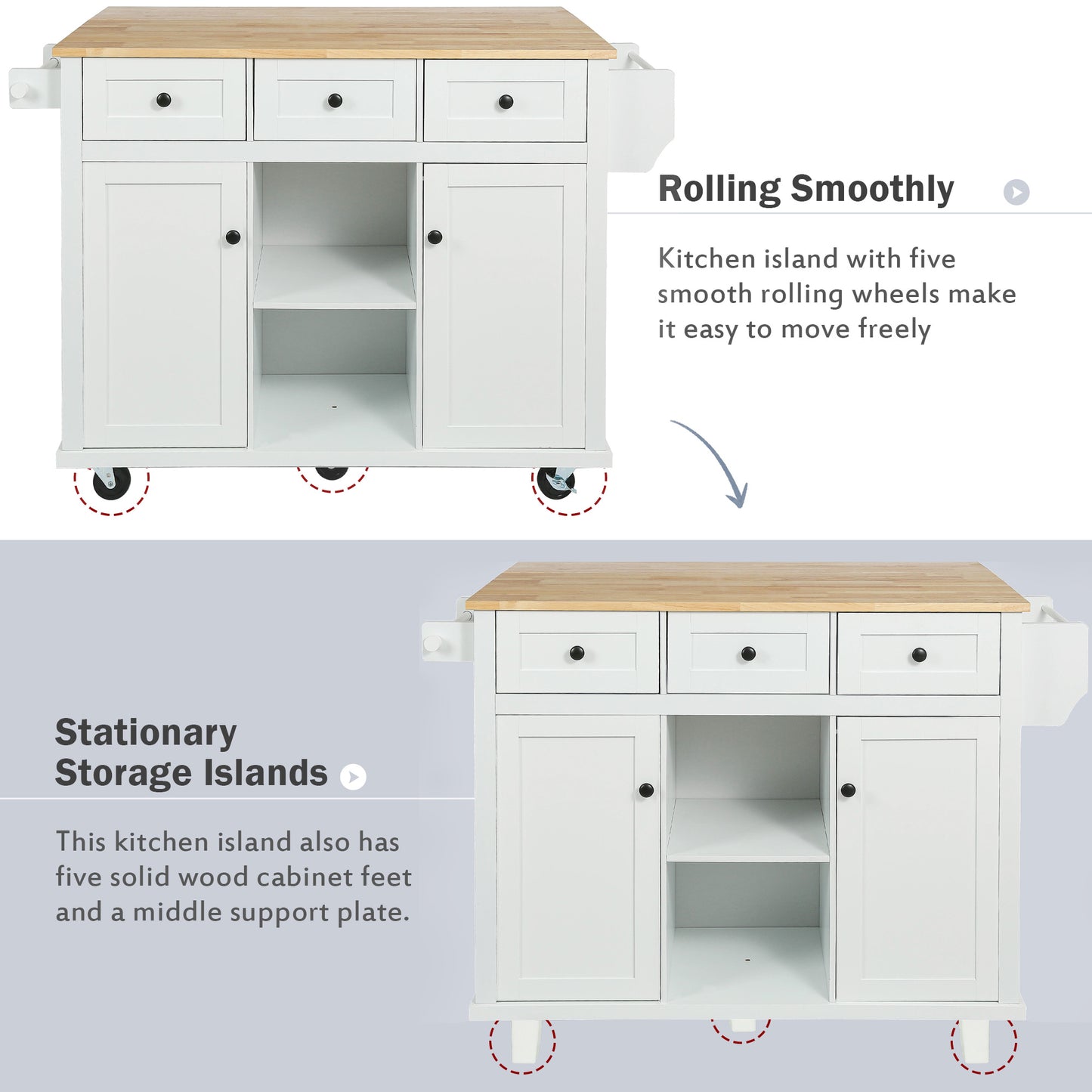 Melysen Kitchen Cart with Rubber wood Drop-Leaf Countertop ,Cabinet door internal storage racks,Kitchen Island on 5 Wheels with Storage Cabinet and 3 Drawers for Dinning Room,White