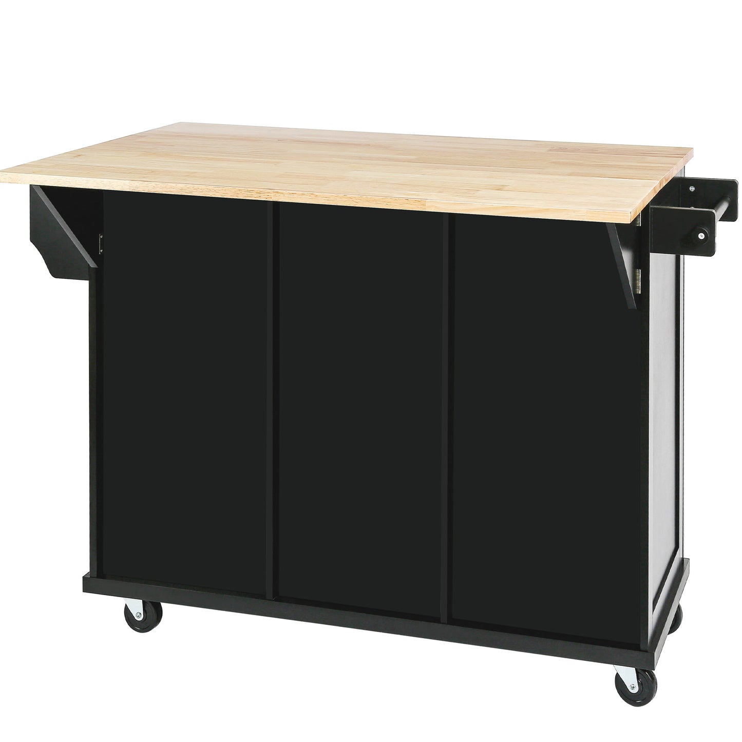 Melysen Kitchen Cart with Rubber wood Drop-Leaf Countertop ,Cabinet door internal storage racks,Kitchen Island on 5 Wheels with Storage Cabinet and 3 Drawers for Dinning Room, Black