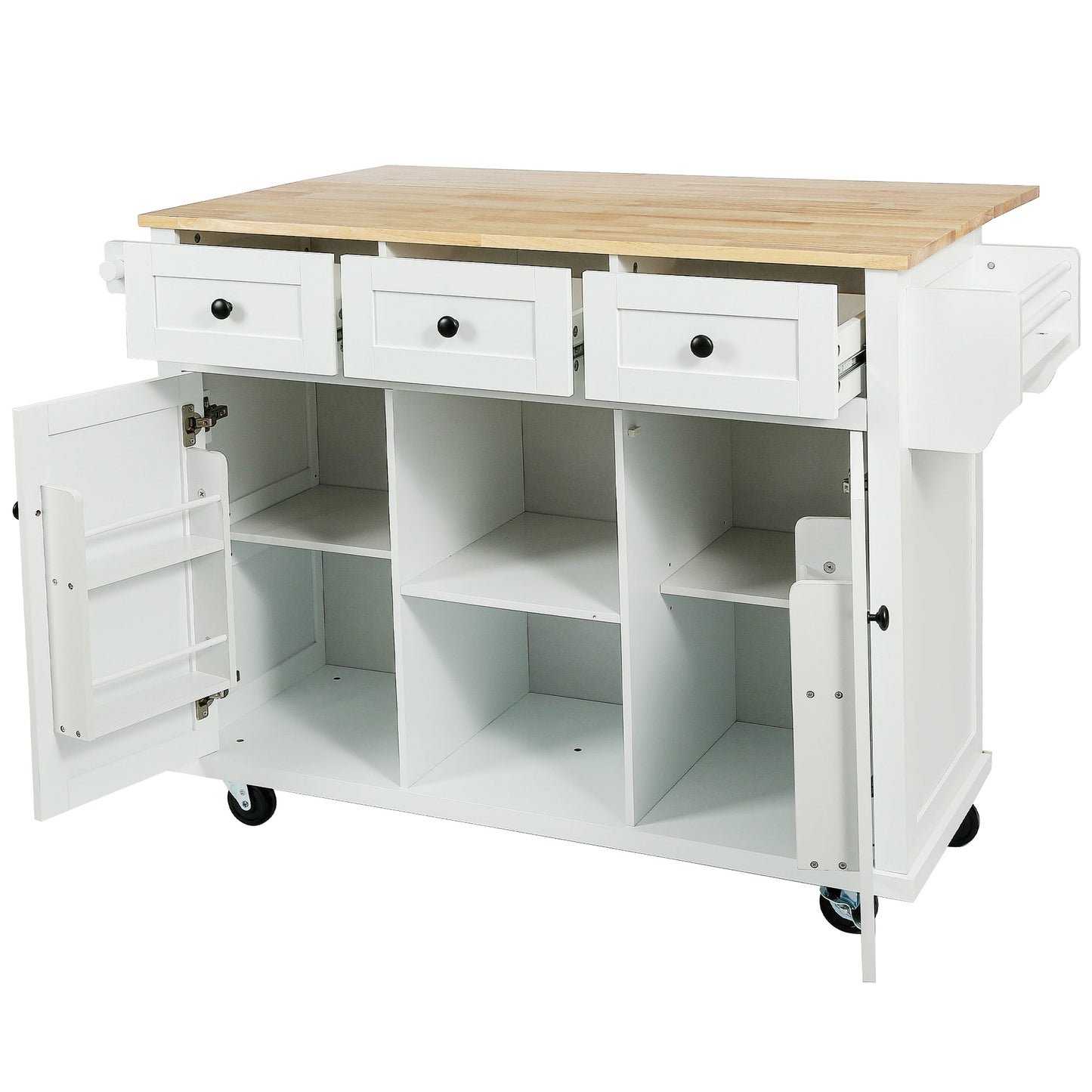 Melysen Kitchen Cart with Rubber wood Drop-Leaf Countertop ,Cabinet door internal storage racks,Kitchen Island on 5 Wheels with Storage Cabinet and 3 Drawers for Dinning Room,White