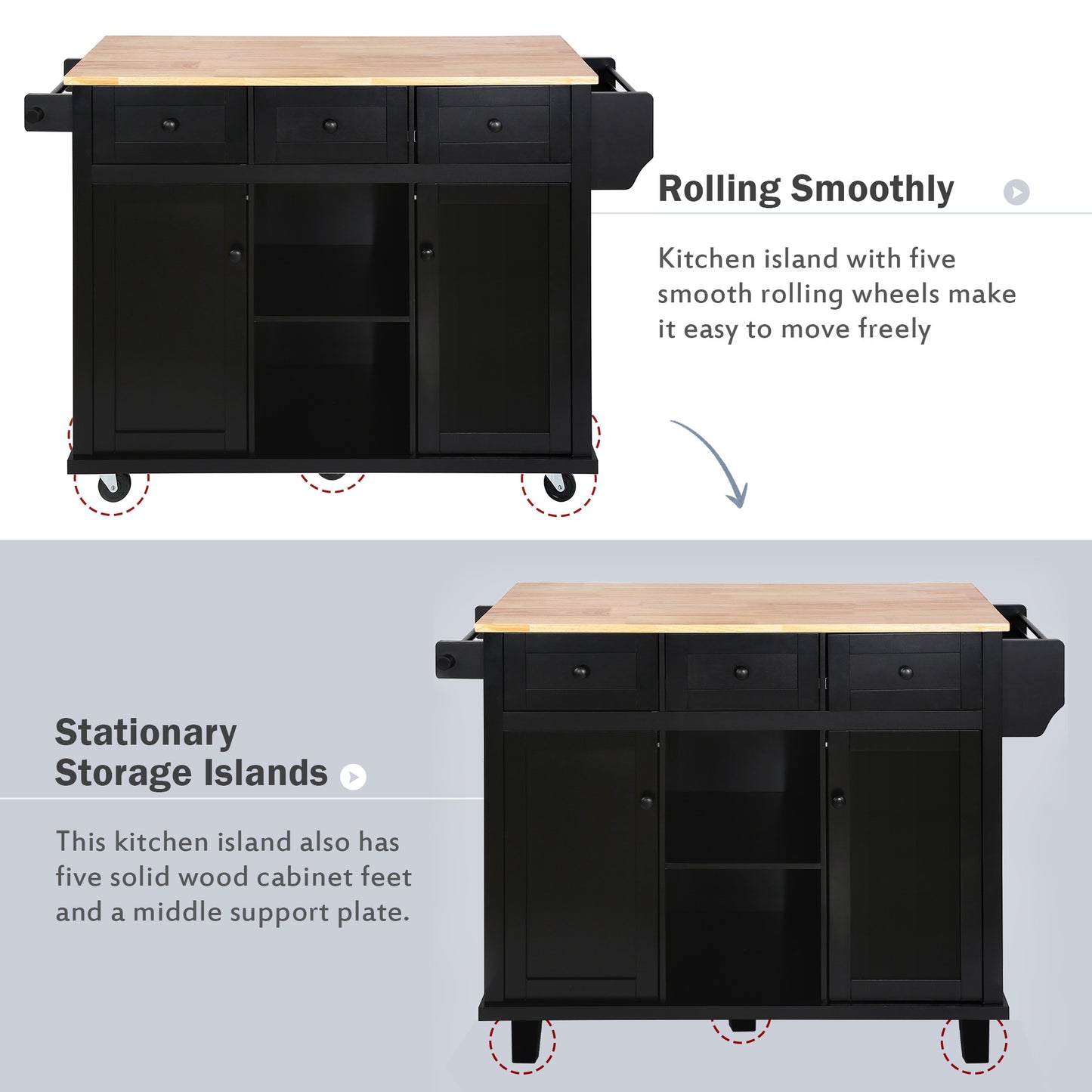 Melysen Kitchen Cart with Rubber wood Drop-Leaf Countertop ,Cabinet door internal storage racks,Kitchen Island on 5 Wheels with Storage Cabinet and 3 Drawers for Dinning Room, Black