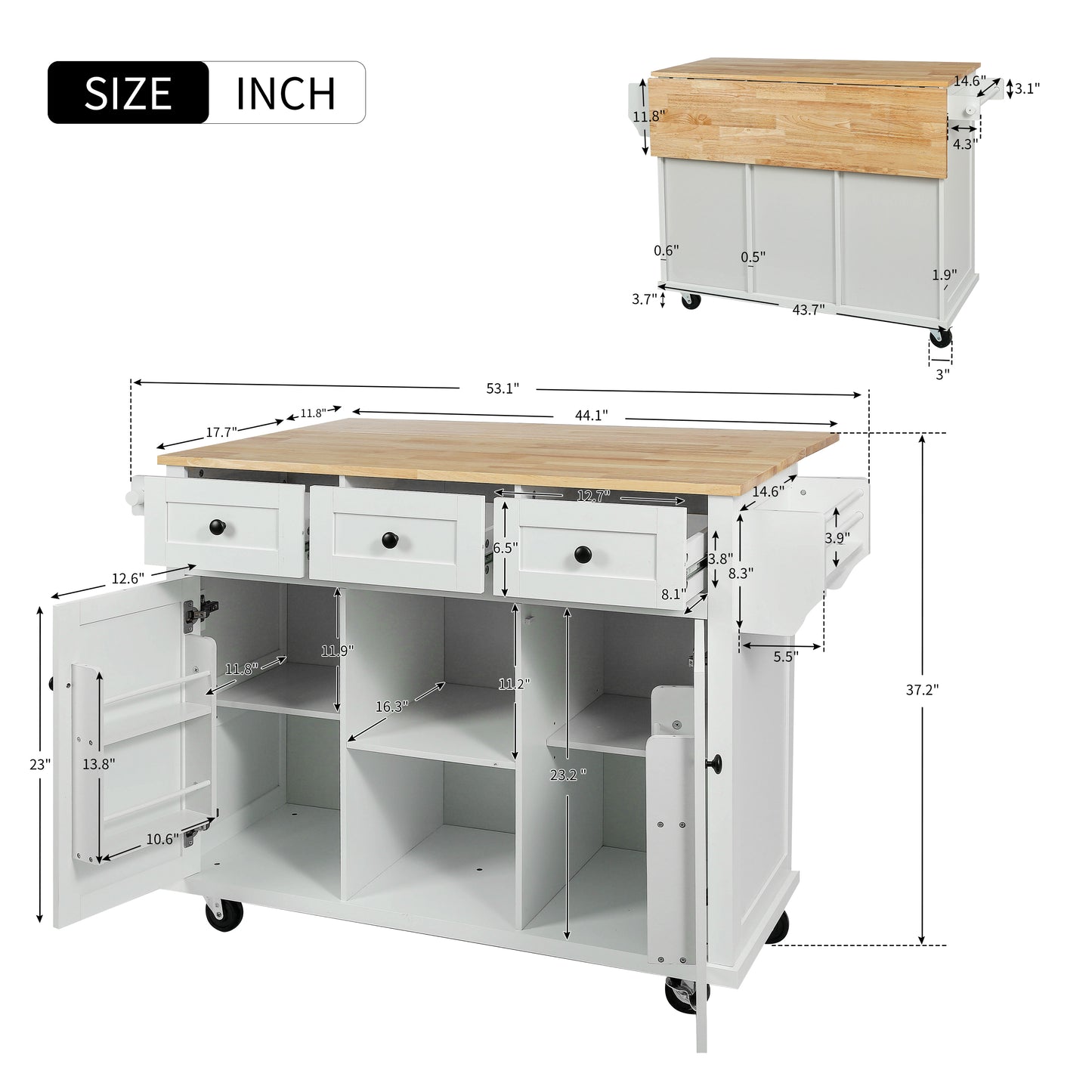 Melysen Kitchen Cart with Rubber wood Drop-Leaf Countertop ,Cabinet door internal storage racks,Kitchen Island on 5 Wheels with Storage Cabinet and 3 Drawers for Dinning Room,White