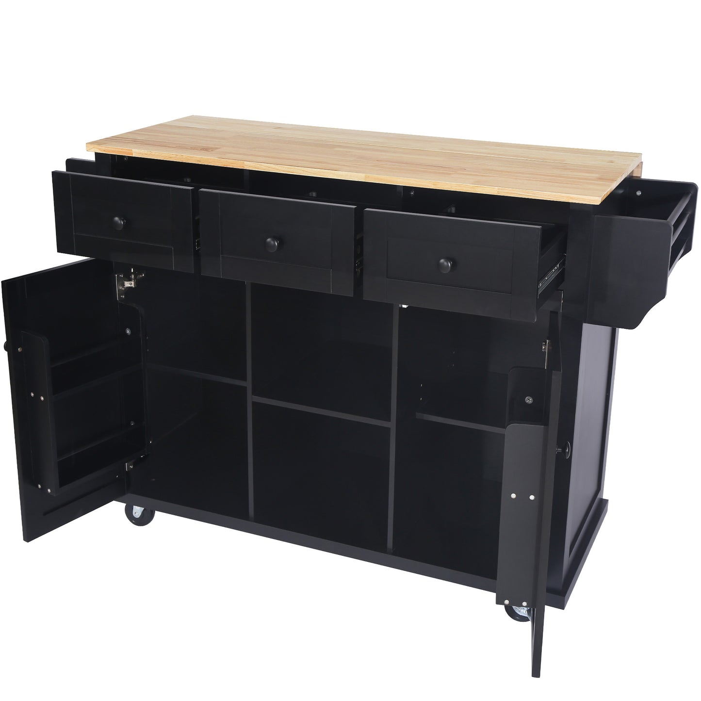 Melysen Kitchen Cart with Rubber wood Drop-Leaf Countertop ,Cabinet door internal storage racks,Kitchen Island on 5 Wheels with Storage Cabinet and 3 Drawers for Dinning Room, Black