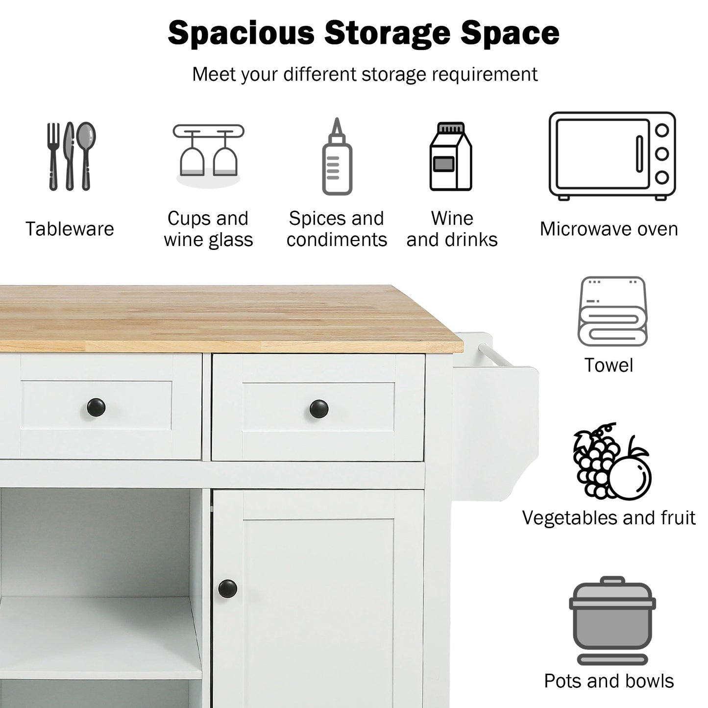 Melysen Kitchen Cart with Rubber wood Drop-Leaf Countertop ,Cabinet door internal storage racks,Kitchen Island on 5 Wheels with Storage Cabinet and 3 Drawers for Dinning Room,White