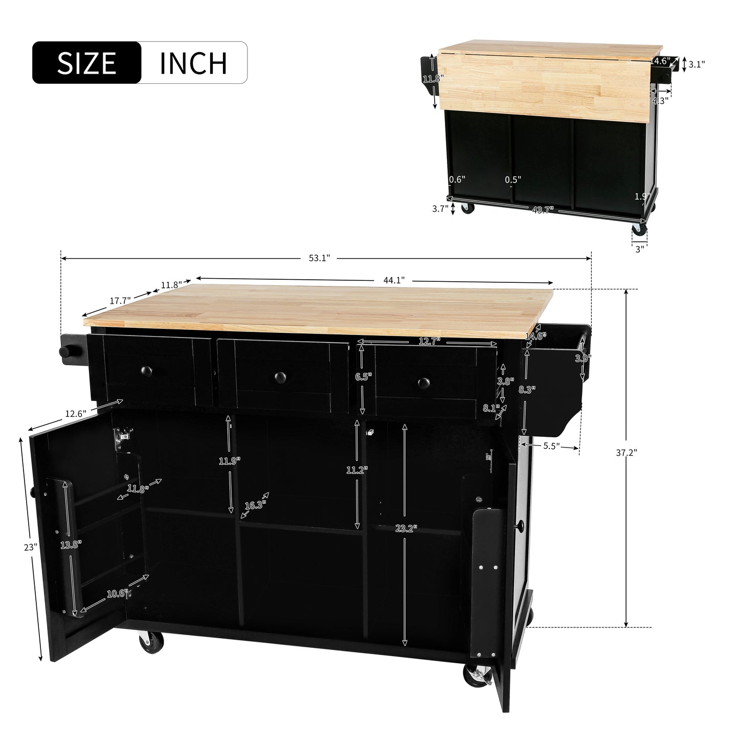 Melysen Kitchen Cart with Rubber wood Drop-Leaf Countertop ,Cabinet door internal storage racks,Kitchen Island on 5 Wheels with Storage Cabinet and 3 Drawers for Dinning Room, Black