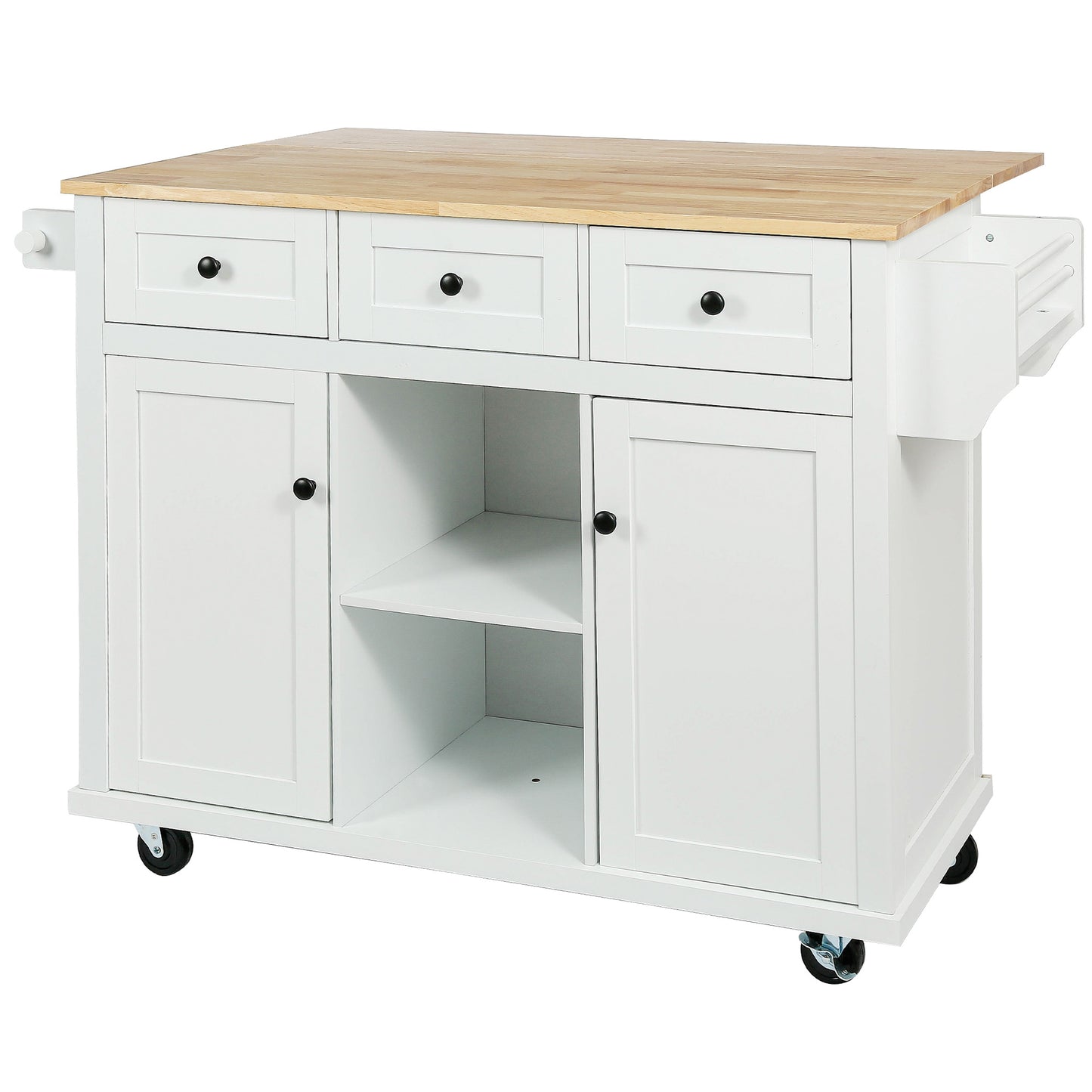 Melysen Kitchen Cart with Rubber wood Drop-Leaf Countertop ,Cabinet door internal storage racks,Kitchen Island on 5 Wheels with Storage Cabinet and 3 Drawers for Dinning Room,White