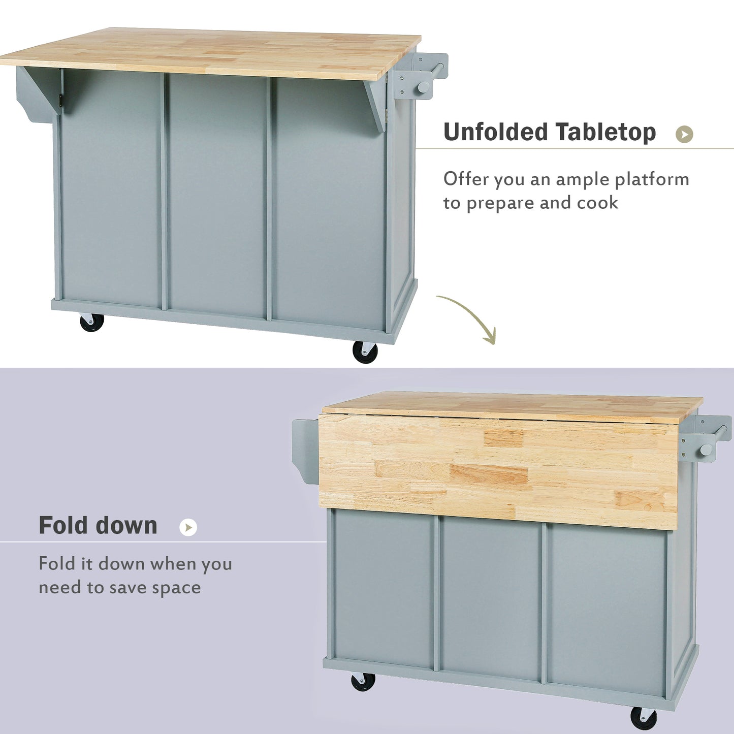 Melysen Kitchen Cart with Rubber wood Drop-Leaf Countertop ,Cabinet door internal storage racks,Kitchen Island on 5 Wheels with Storage Cabinet and 3 Drawers for Dinning Room, Grey Blue