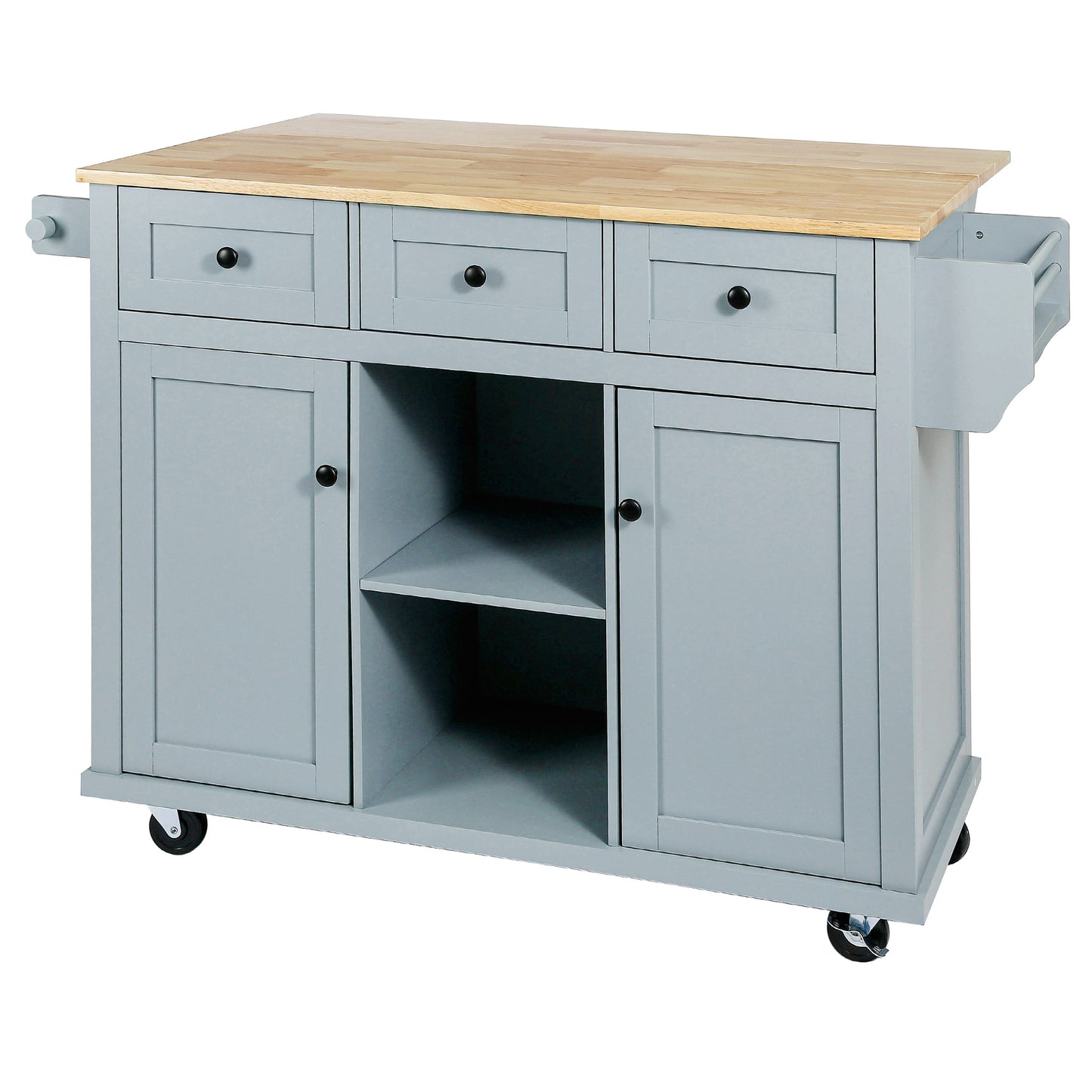 Melysen Kitchen Cart with Rubber wood Drop-Leaf Countertop ,Cabinet door internal storage racks,Kitchen Island on 5 Wheels with Storage Cabinet and 3 Drawers for Dinning Room, Grey Blue