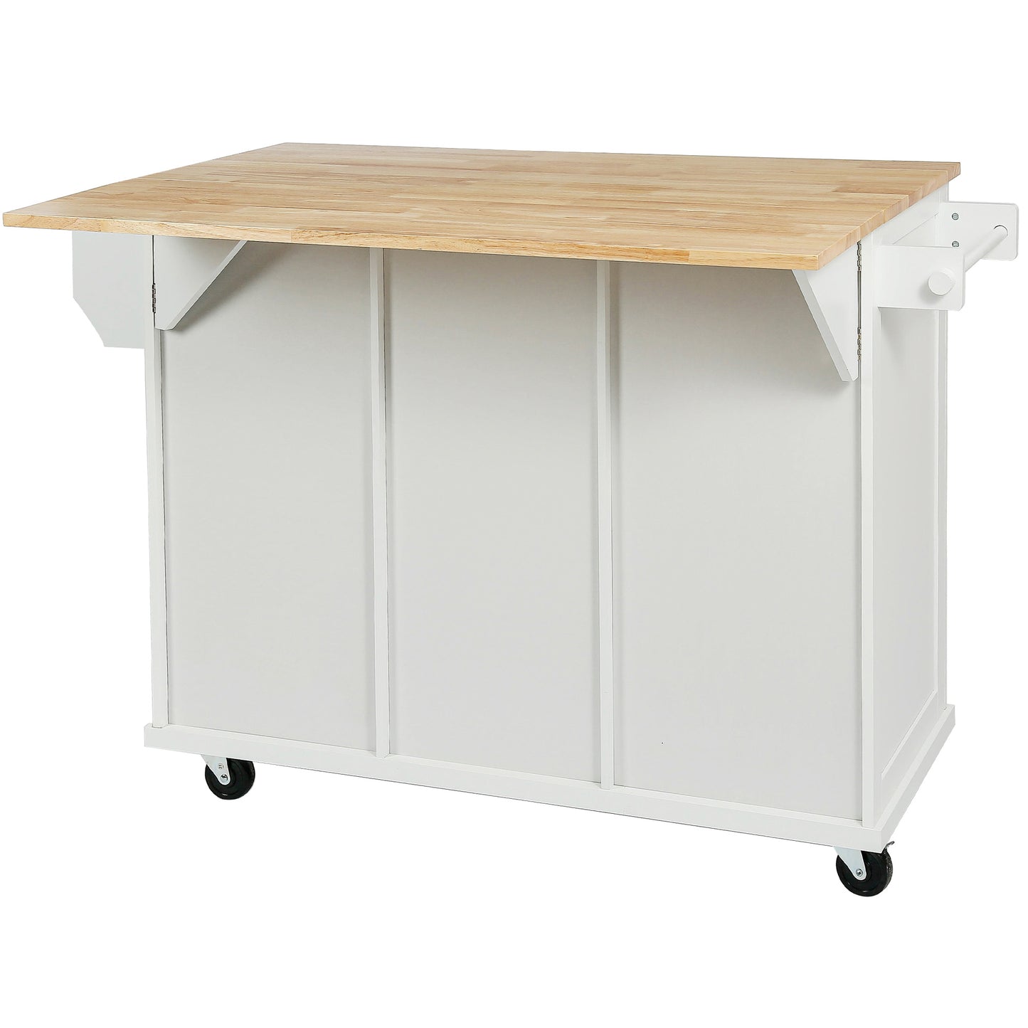 Melysen Kitchen Cart with Rubber wood Drop-Leaf Countertop ,Cabinet door internal storage racks,Kitchen Island on 5 Wheels with Storage Cabinet and 3 Drawers for Dinning Room,White