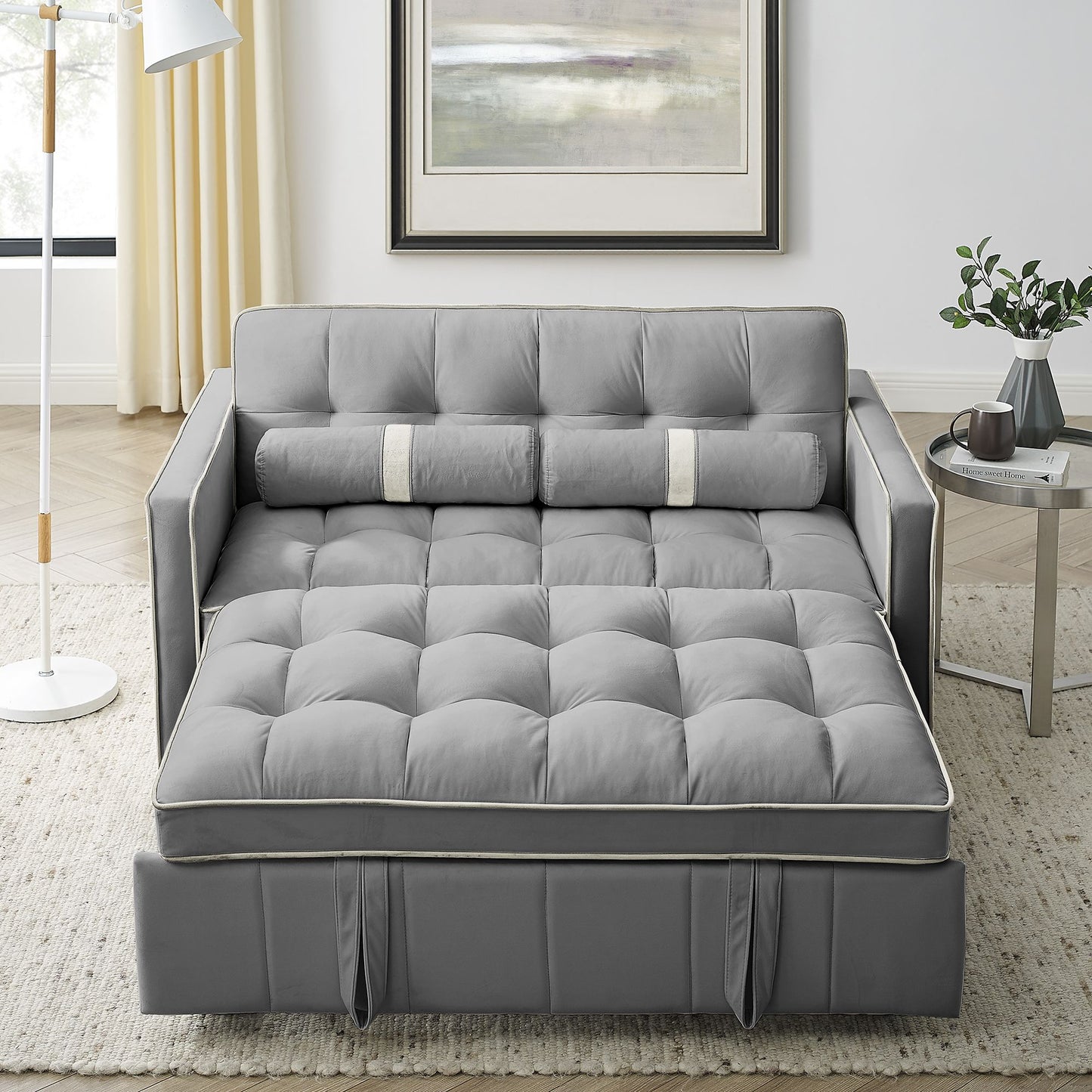 Melysen Modern 55.5" Pull Out Sleep Sofa Bed 2 Seater Loveseats Sofa Couch with side pockets, Adjsutable Backrest and Lumbar Pillows for Apartment Office Living Roomin