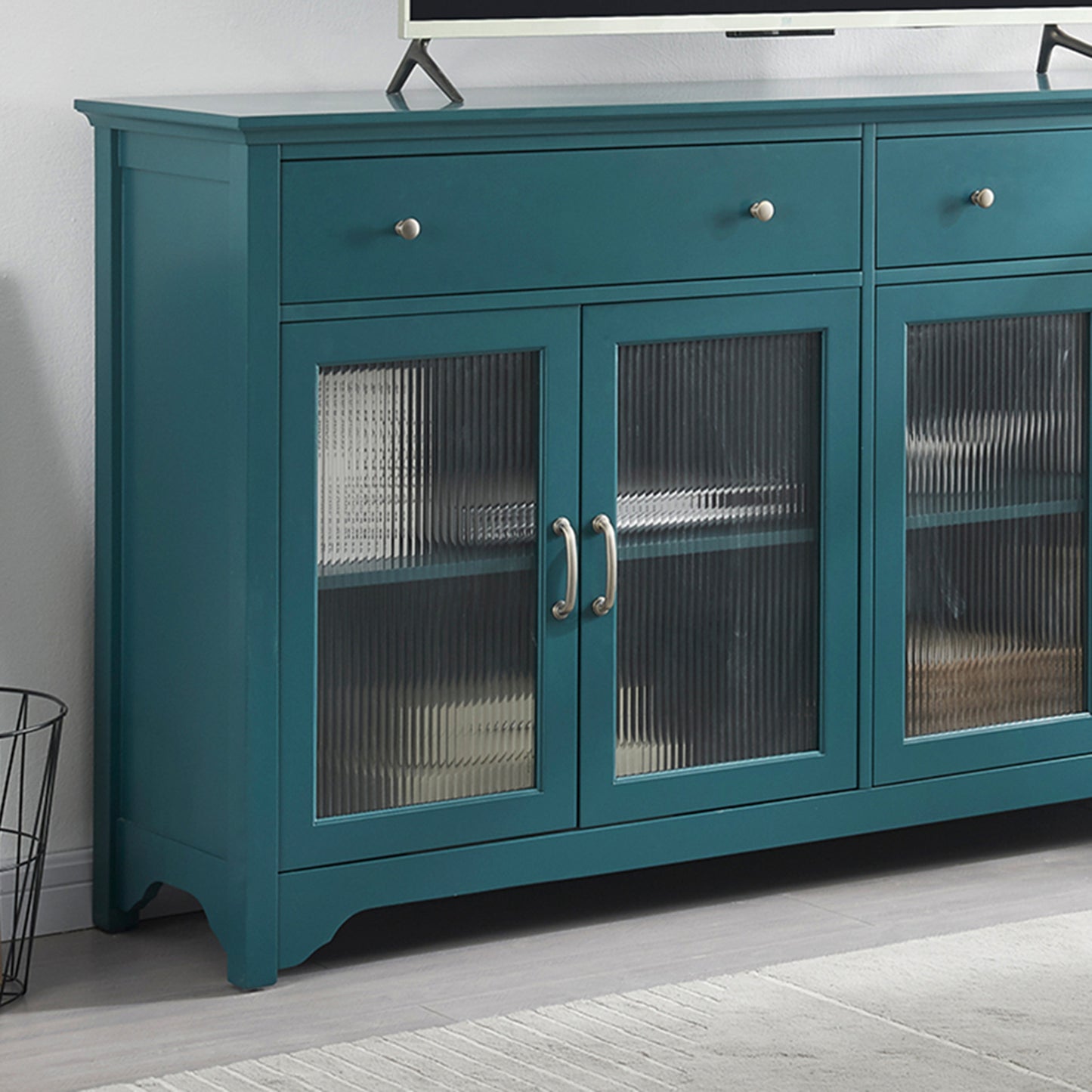 Melysen 66" TV Console,Storage Buffet Cabinet,Sideboard with Glass Door and Adjustable Shelves,Console Table,Teal Blue