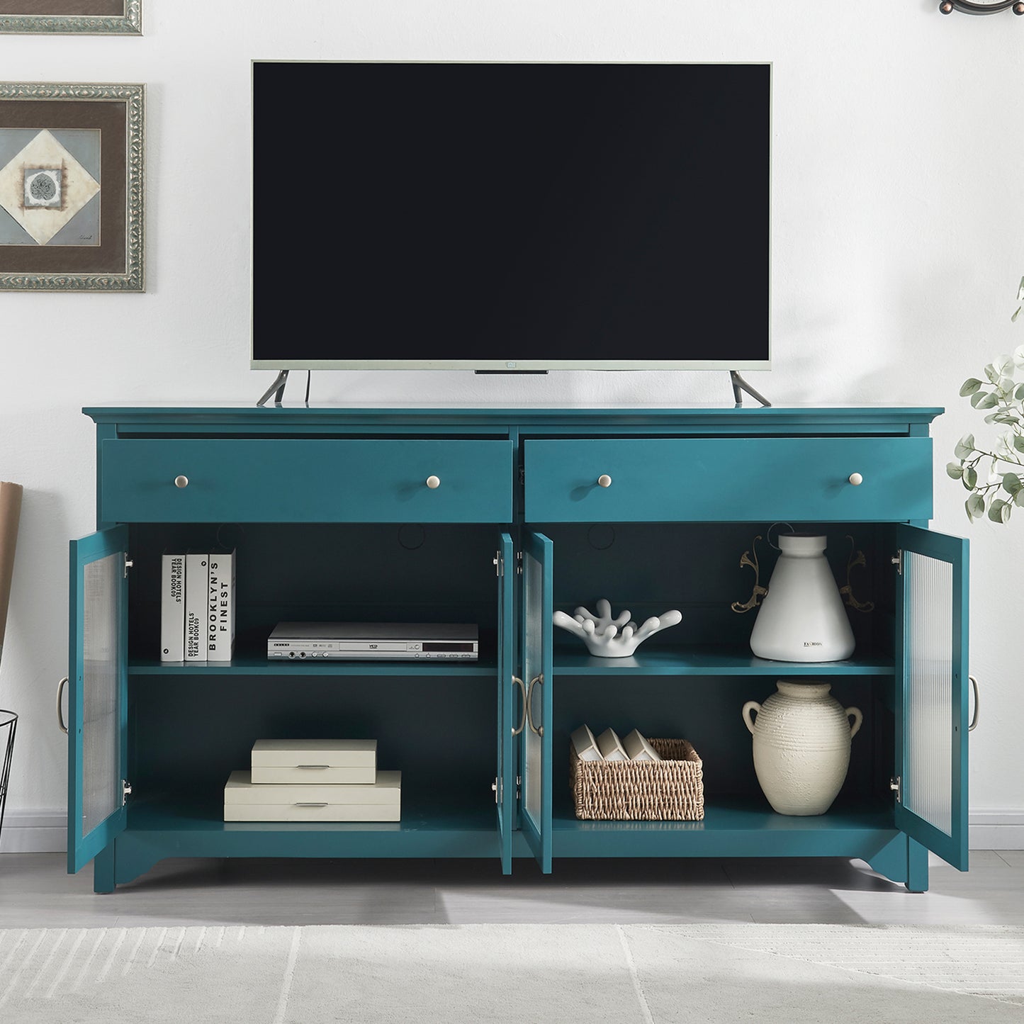 Melysen 66" TV Console,Storage Buffet Cabinet,Sideboard with Glass Door and Adjustable Shelves,Console Table,Teal Blue