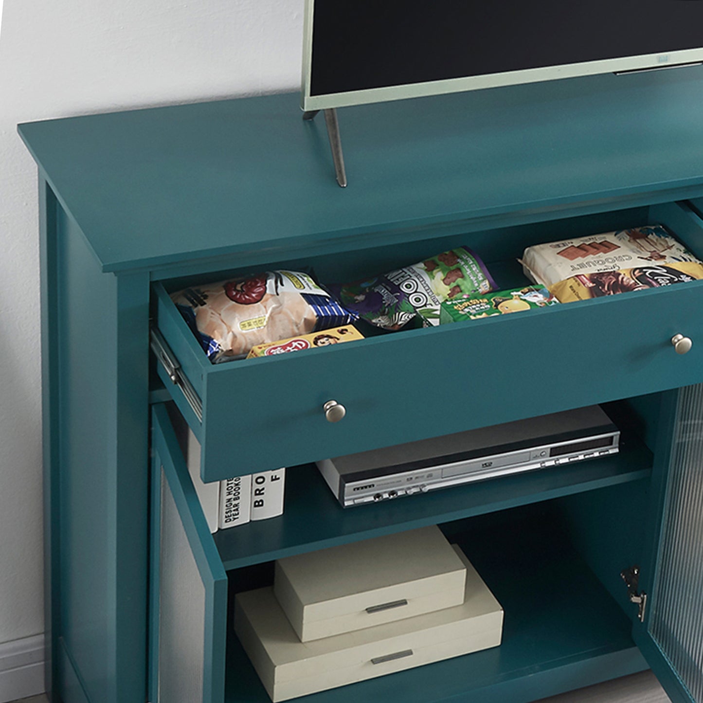 Melysen 66" TV Console,Storage Buffet Cabinet,Sideboard with Glass Door and Adjustable Shelves,Console Table,Teal Blue