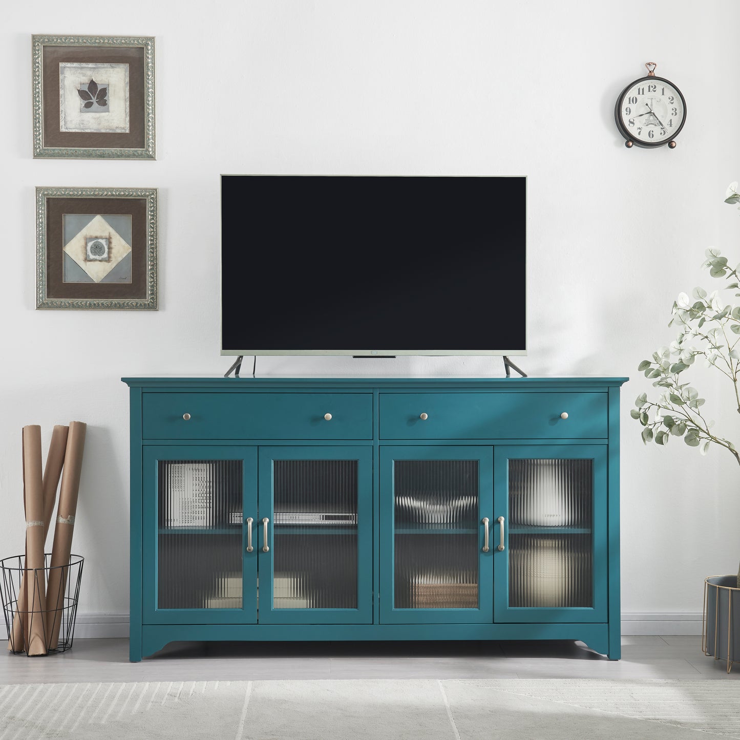 Melysen 66" TV Console,Storage Buffet Cabinet,Sideboard with Glass Door and Adjustable Shelves,Console Table,Teal Blue