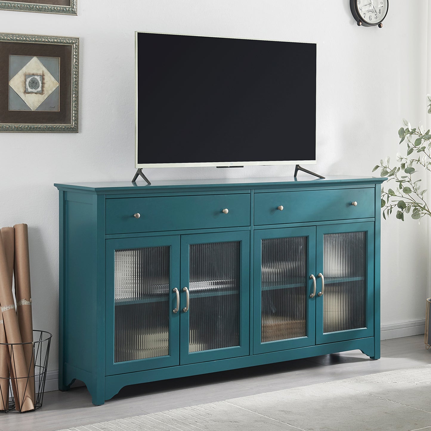 Melysen 66" TV Console,Storage Buffet Cabinet,Sideboard with Glass Door and Adjustable Shelves,Console Table,Teal Blue