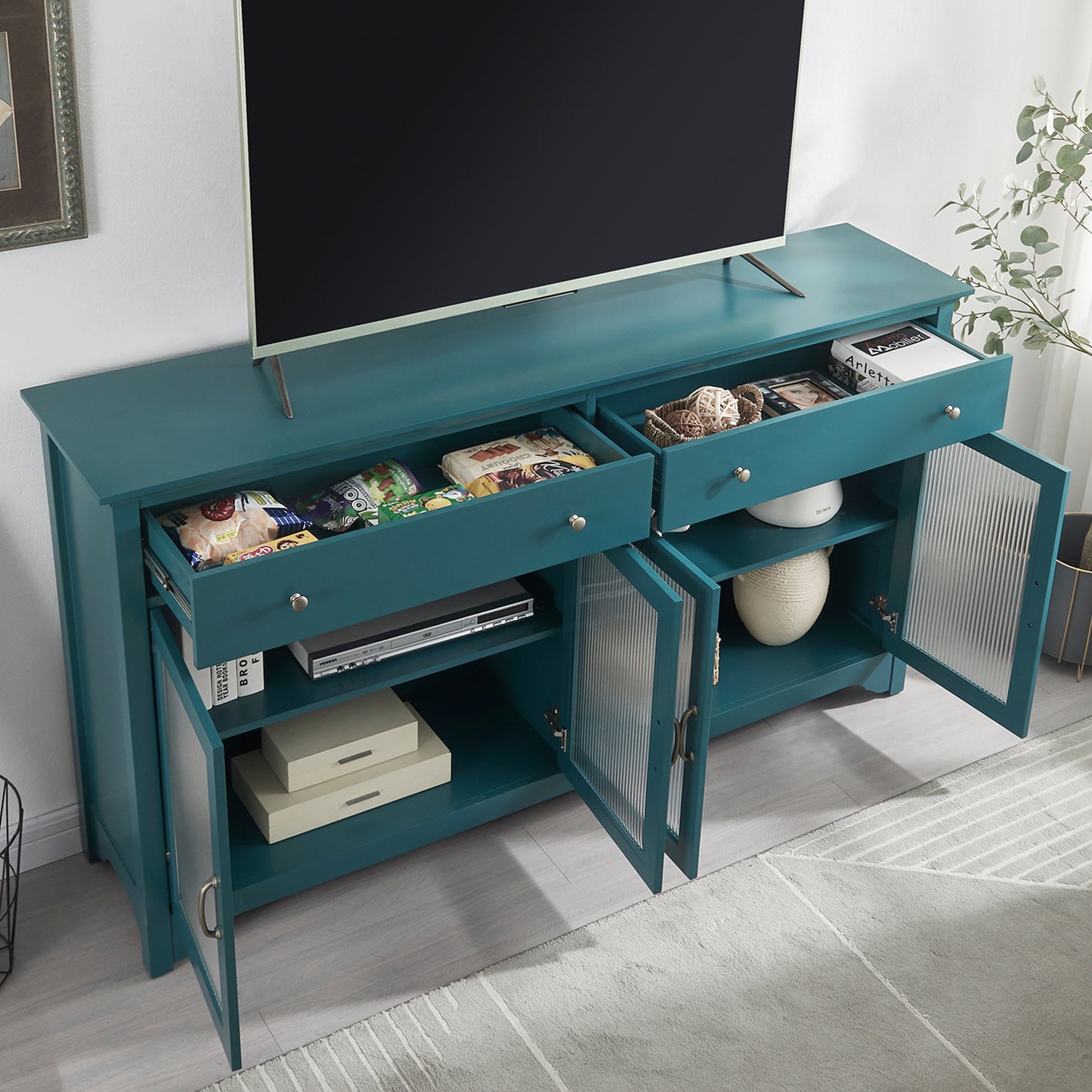 Melysen 66" TV Console,Storage Buffet Cabinet,Sideboard with Glass Door and Adjustable Shelves,Console Table,Teal Blue