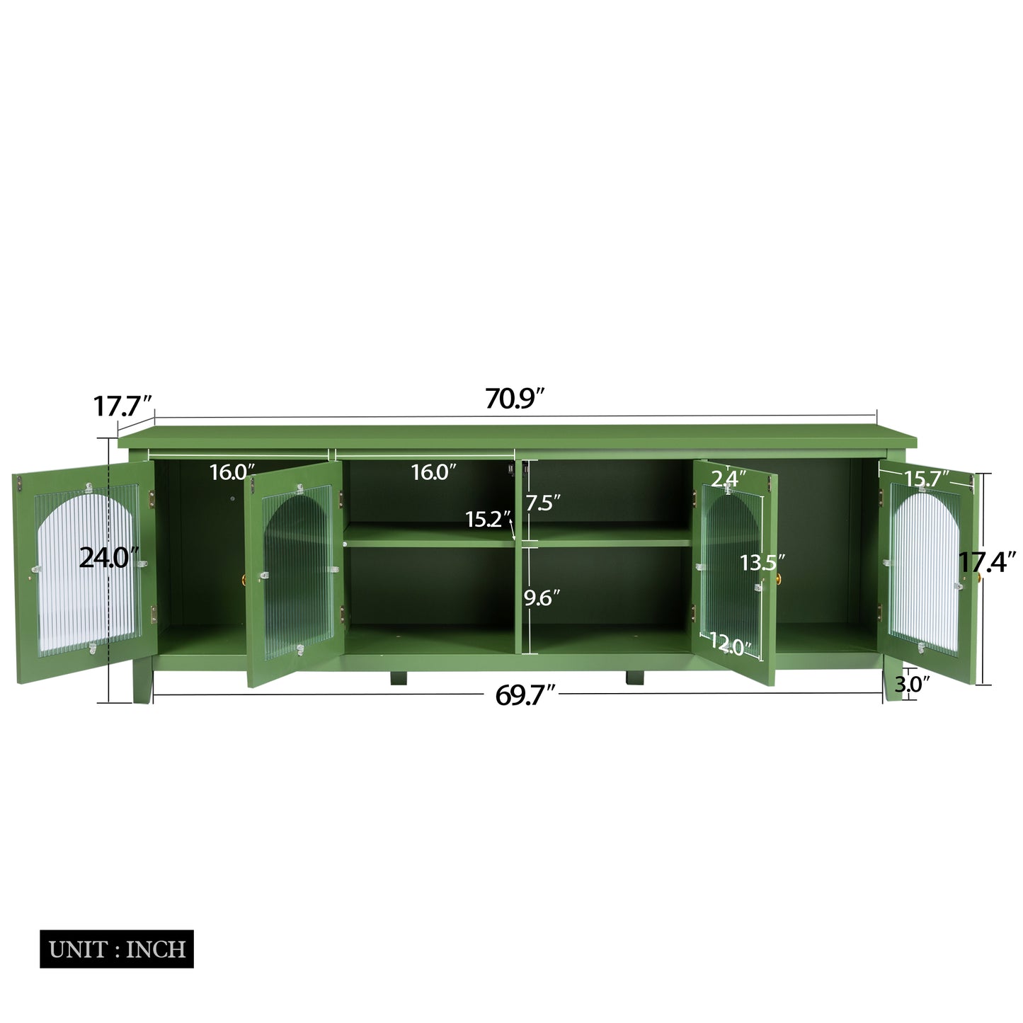 Melysen 71 " stylishTVcabinet Entertainment CenterTV stand,TVConsoleTable, Media Console,solidwood frame,Changhong glass door,Metal handle,Antique Green