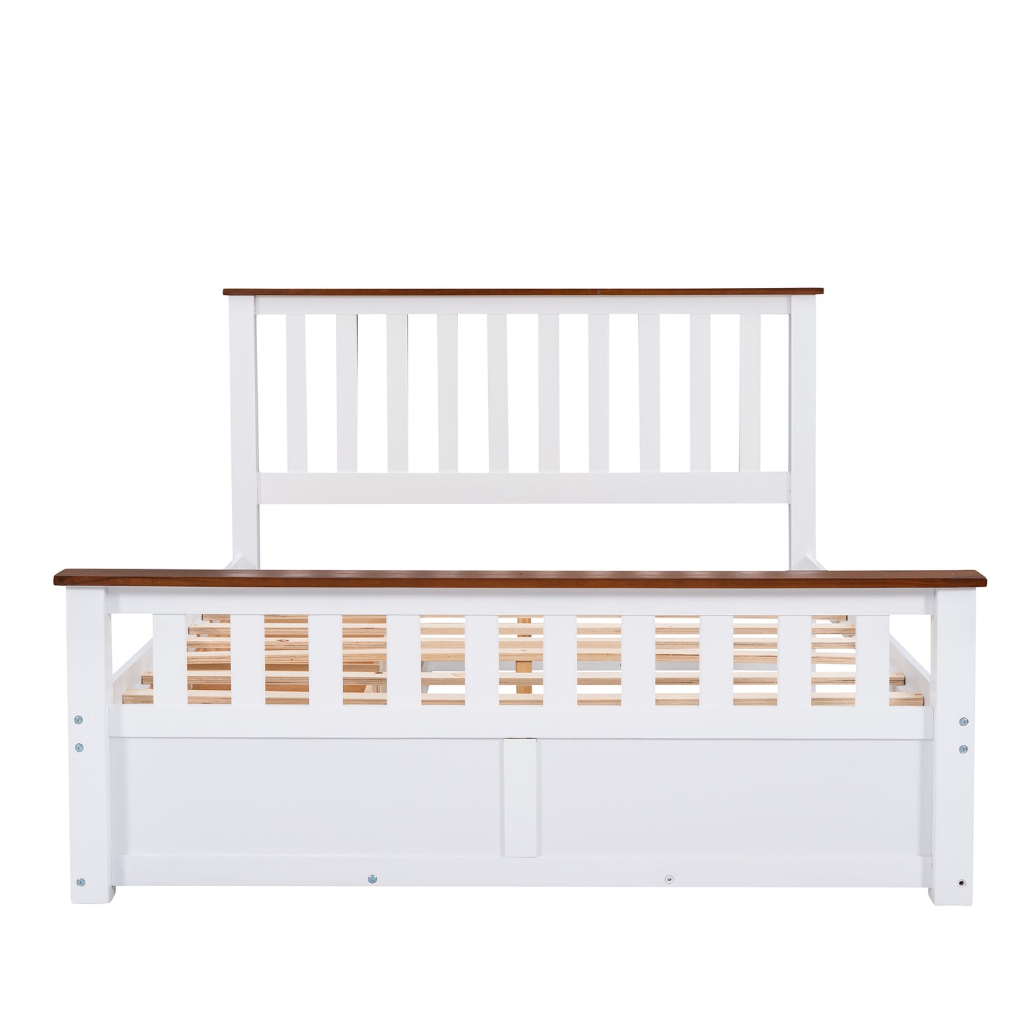 Melysen Queen Size Wood Platform Bed with Two Drawers and Wooden Slat Support,White+walnut