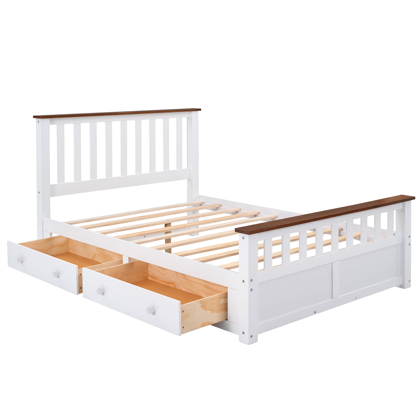 Melysen Full Size Wood Platform Bed with Two Drawers and Wooden Slat Support,White+walnut