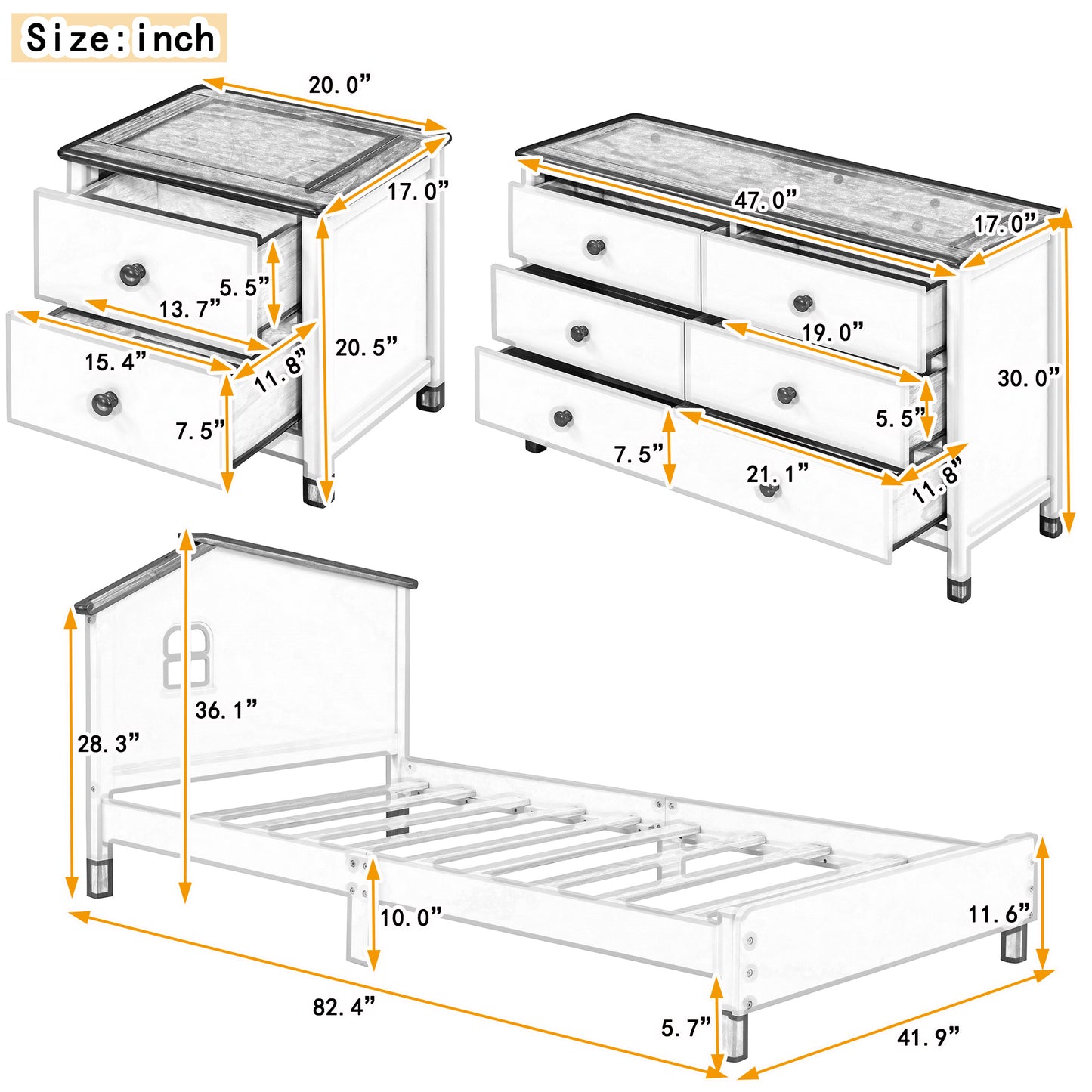 Melysen 3-Pieces Bedroom Sets Twin Size Platform Bed with Nightstand and Storage dresser