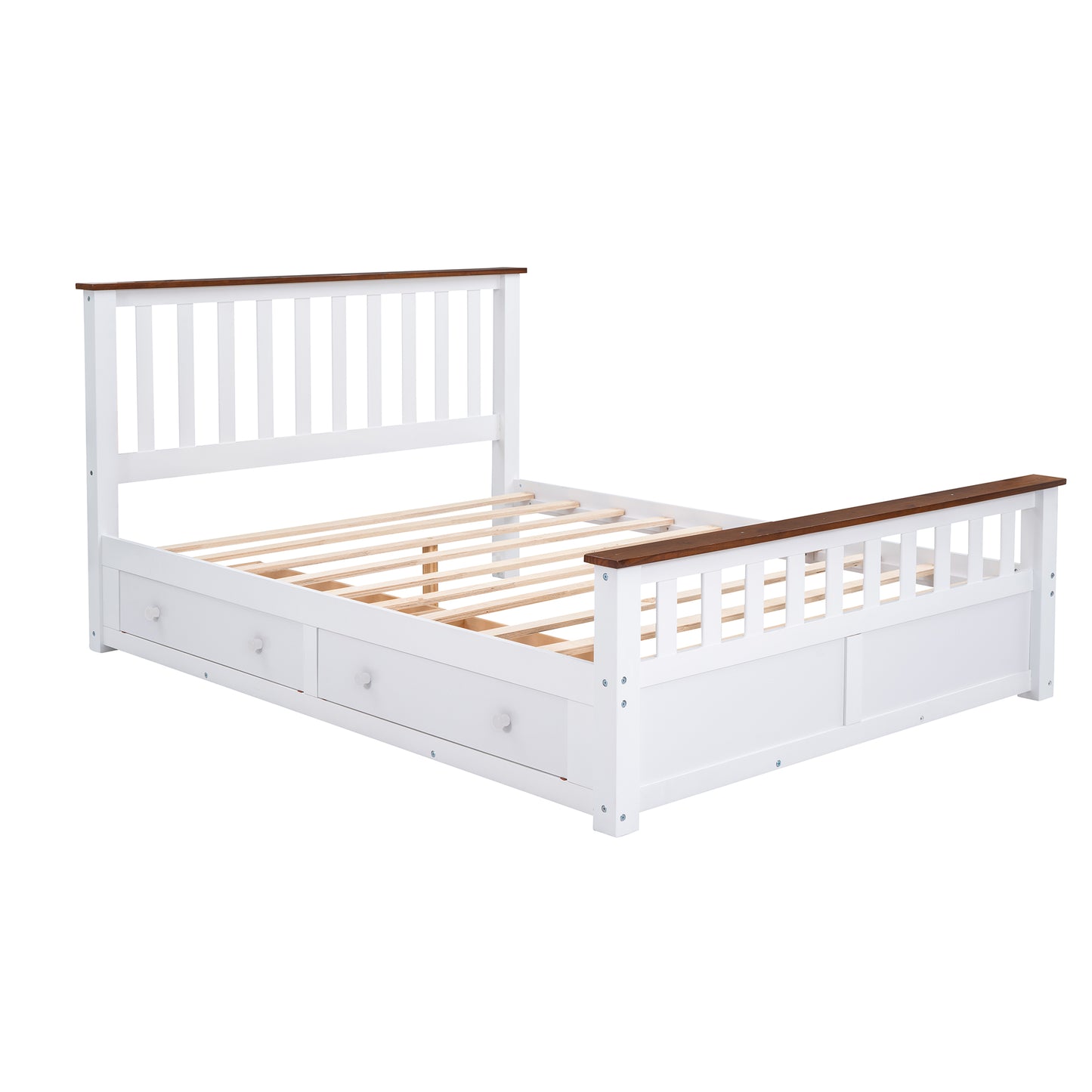 Melysen Queen Size Wood Platform Bed with Two Drawers and Wooden Slat Support,White+walnut