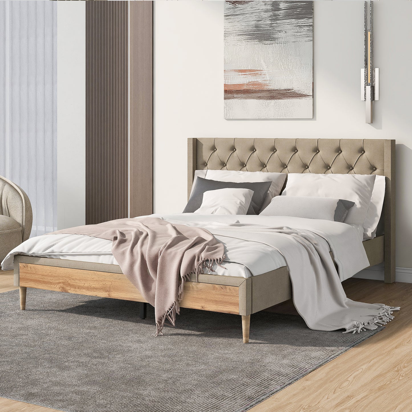 Melysen Upholstered Platform Bed with Rubber Wood Legs,No Box Spring Needed, Linen Fabric,Queen Size