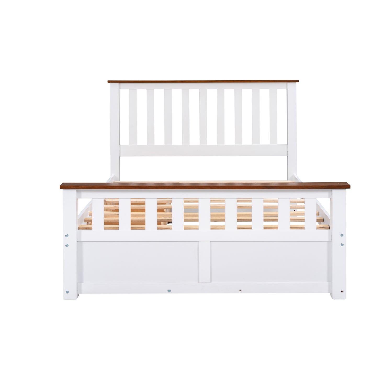 Melysen Full Size Wood Platform Bed with Two Drawers and Wooden Slat Support,White+walnut