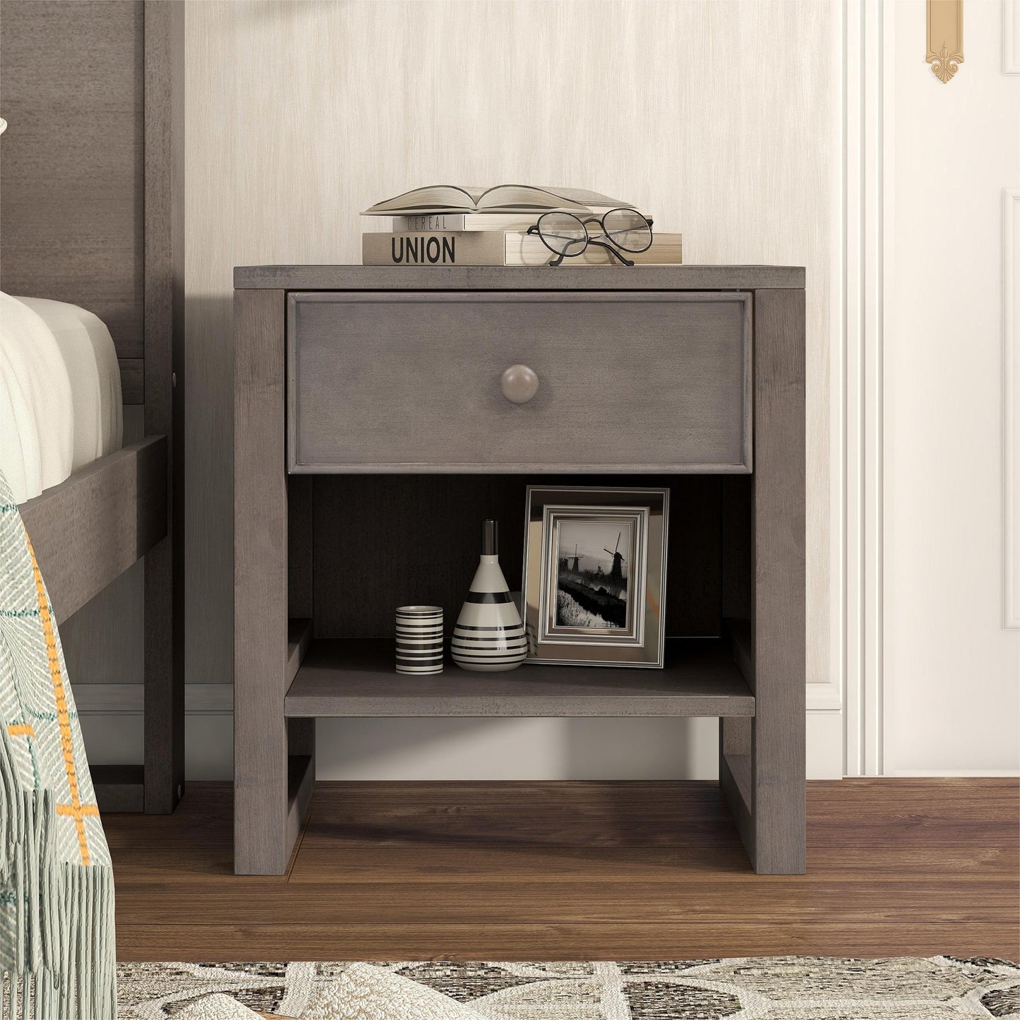 Melysen Wooden Nightstand with a Drawer and an Open Storage,End Table for Bedroom