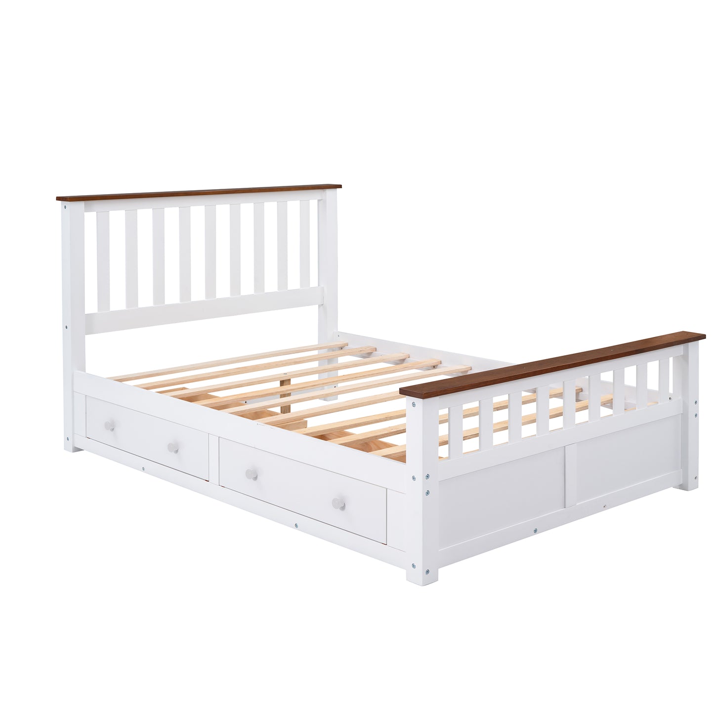 Melysen Full Size Wood Platform Bed with Two Drawers and Wooden Slat Support,White+walnut