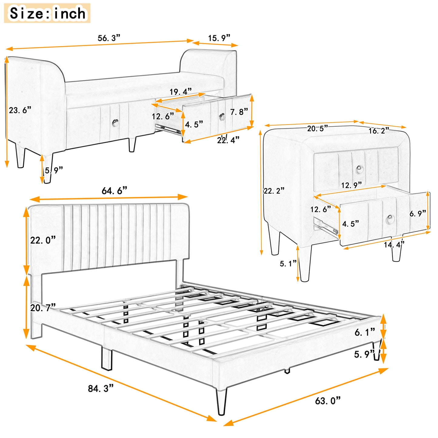 Melysen 4-Pieces Bedroom Sets Queen Size Upholstered Platform Bed with Two Nightstands and Storage Bench-Gray