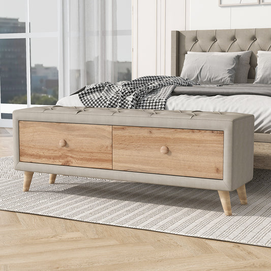 Melysen Upholstered Wooden Storage Ottoman Bench with 2 Drawers For Bedroom,Fully Assembled Except Legs and Handles,Padded Seat with Rubber Wood Leg