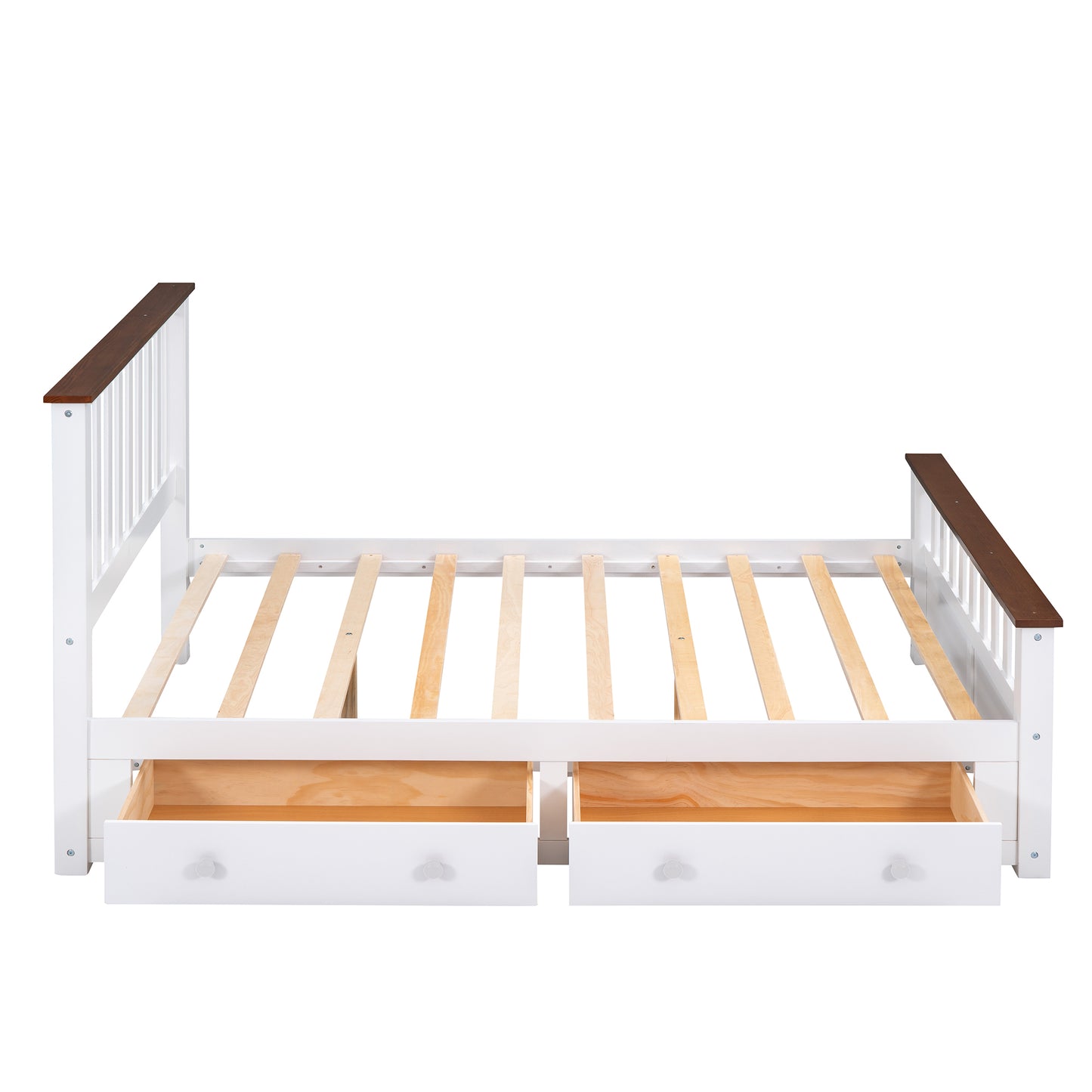 Melysen Full Size Wood Platform Bed with Two Drawers and Wooden Slat Support,White+walnut