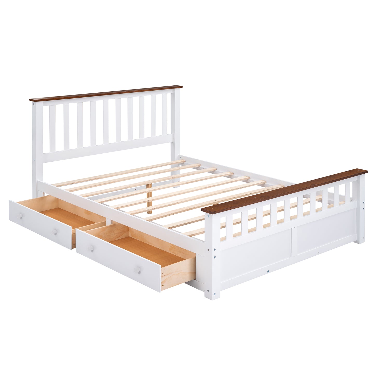 Melysen Queen Size Wood Platform Bed with Two Drawers and Wooden Slat Support,White+walnut