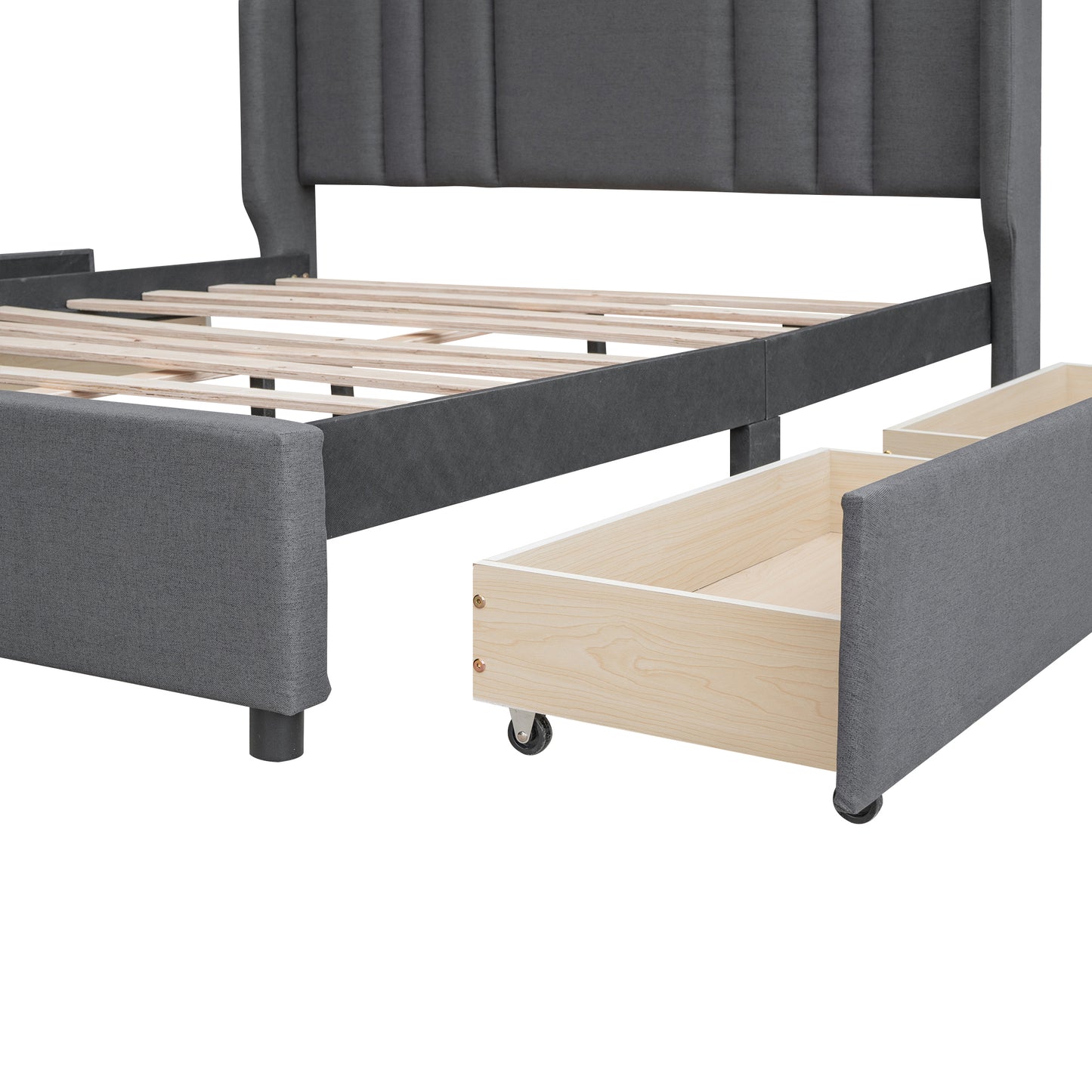 Melysen Upholstered Platform Bed with Wingback Headboard and 4 Drawers, No Box Spring Needed, Linen Fabric, Queen Size Gray