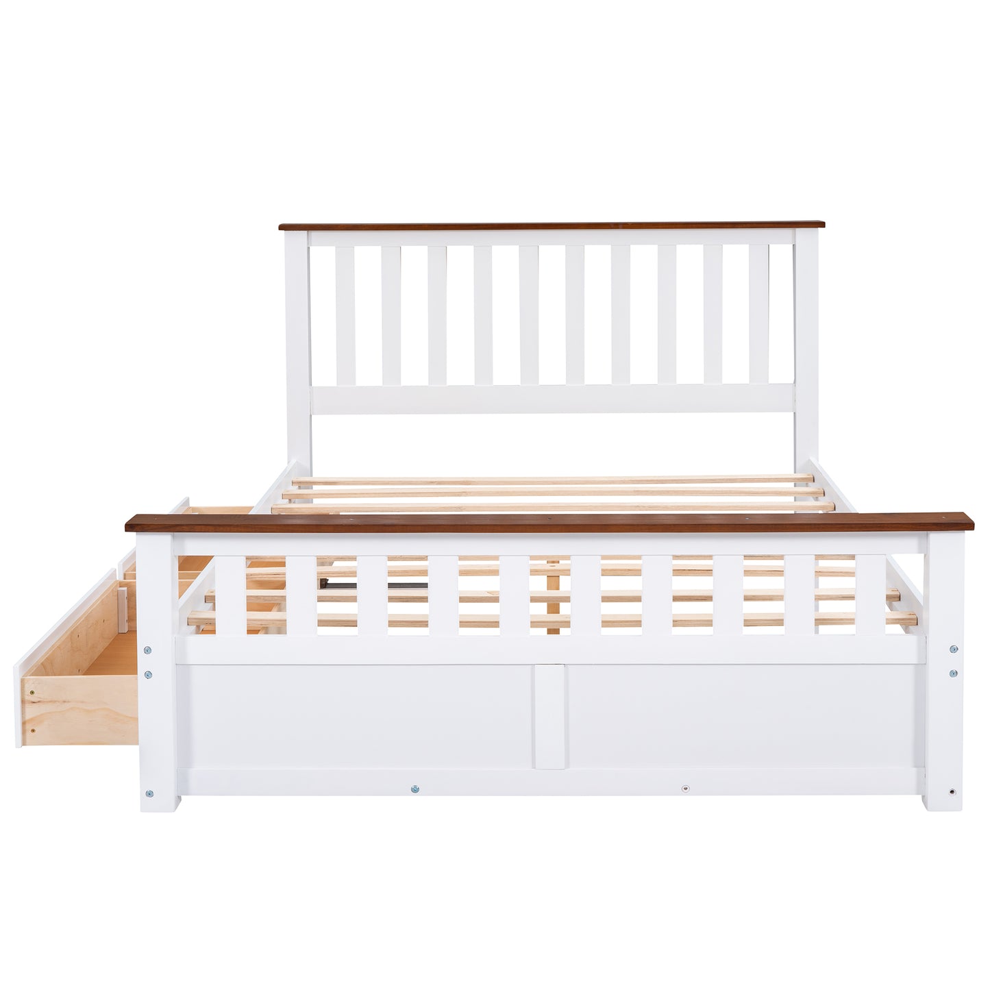 Melysen Queen Size Wood Platform Bed with Two Drawers and Wooden Slat Support,White+walnut