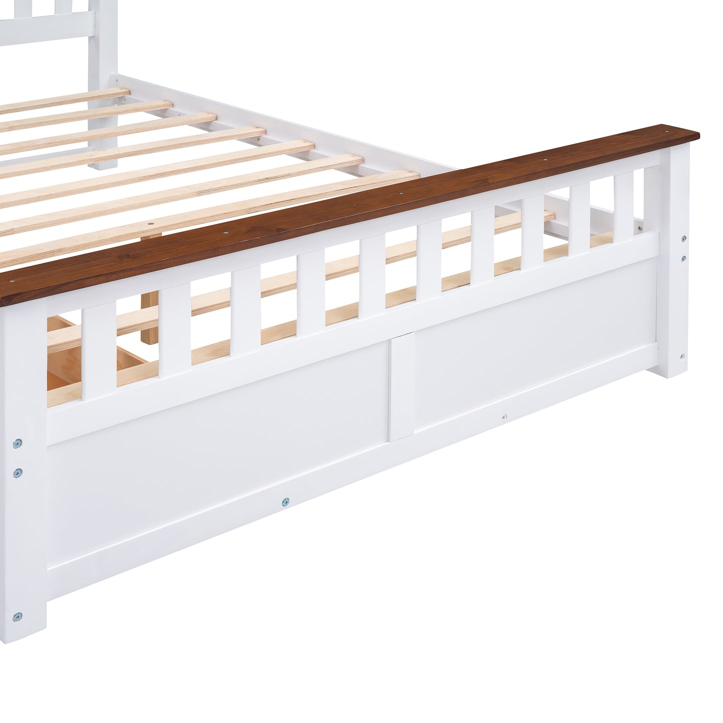 Melysen Queen Size Wood Platform Bed with Two Drawers and Wooden Slat Support,White+walnut