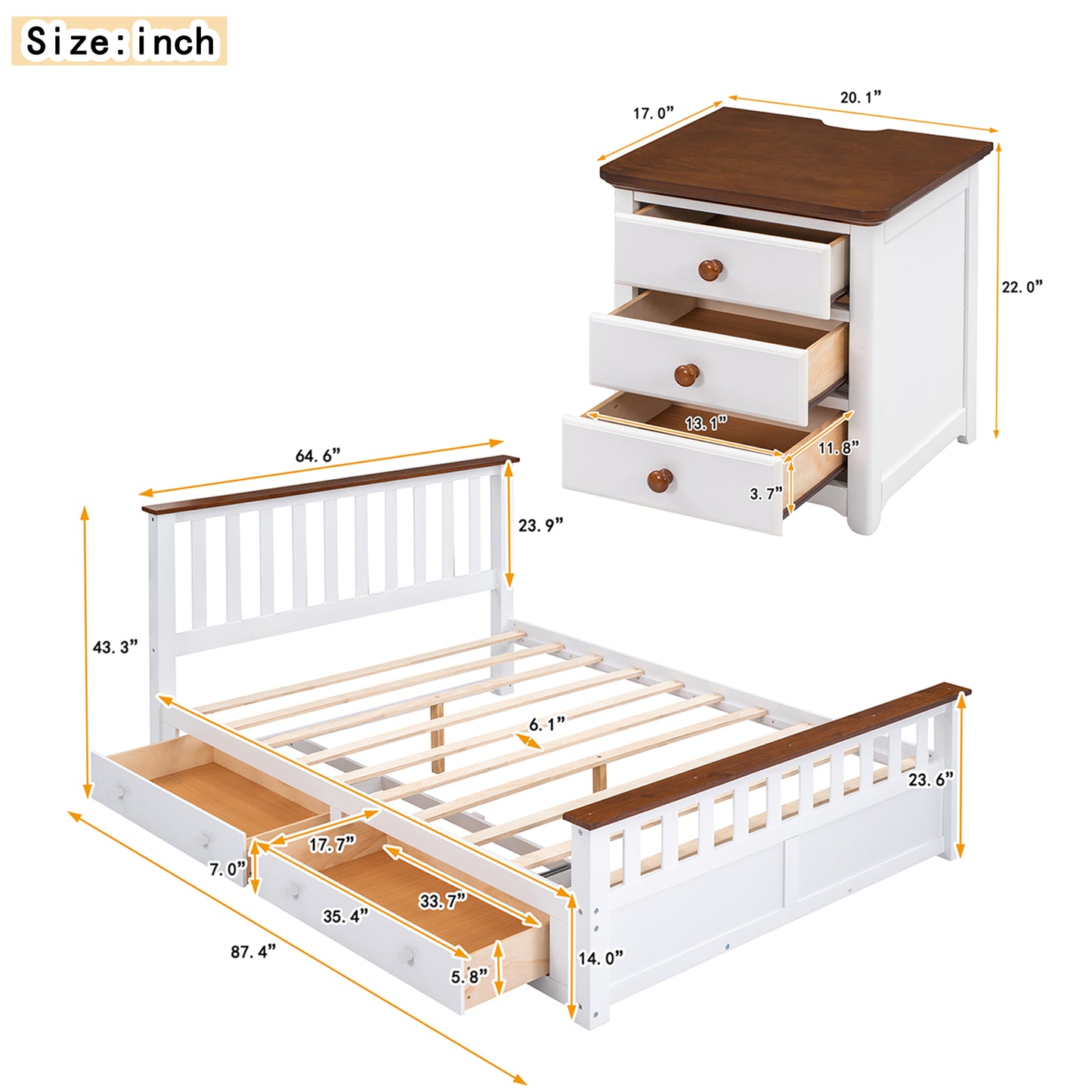 Melysen 3-Pieces Bedroom Sets Queen Size Platform Bed with Two Nightstands(USB Charging Ports),White+Walnut