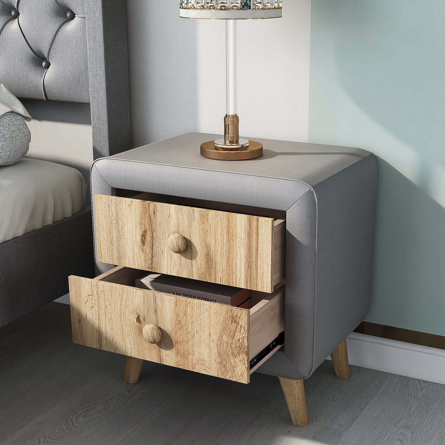 Melysen Upholstered Wooden Nightstand with 2 Drawers,Fully Assembled Except Legs and Handles,Bedside Table with Rubber Wood Leg