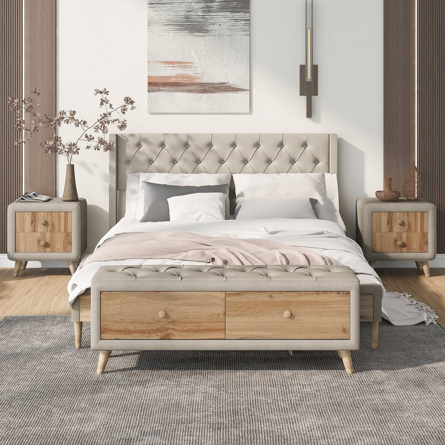 Melysen 4-Pieces Bedroom Sets Queen Size Upholstered Platform Bed with Two Nightstands and Storage Bench