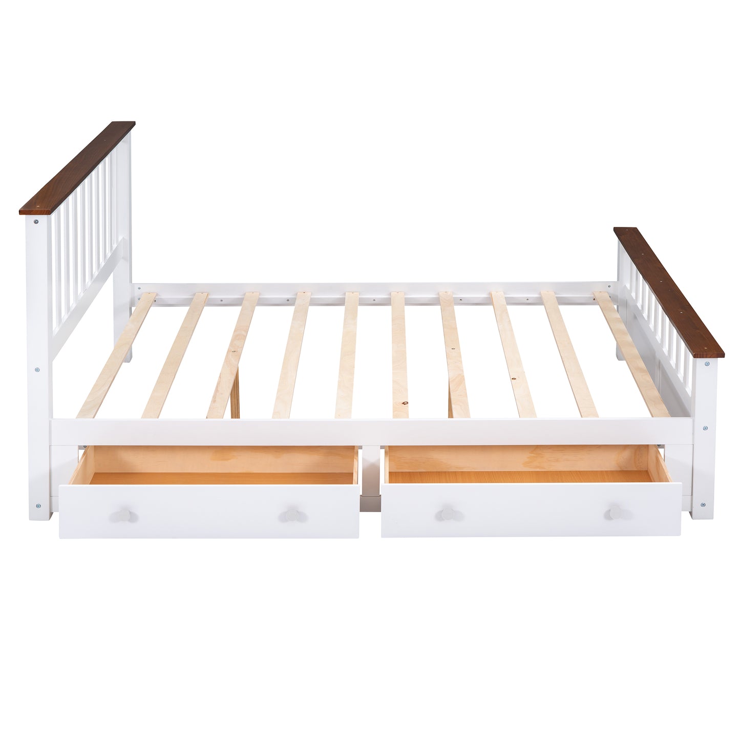 Melysen Queen Size Wood Platform Bed with Two Drawers and Wooden Slat Support,White+walnut