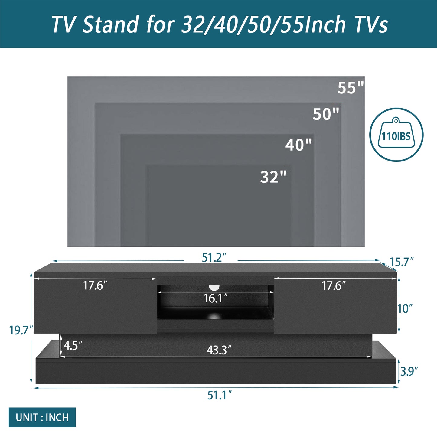 Melysen 51.18 " Black morden TV Stand with LED Lights,high glossy front TV Cabinet,Black