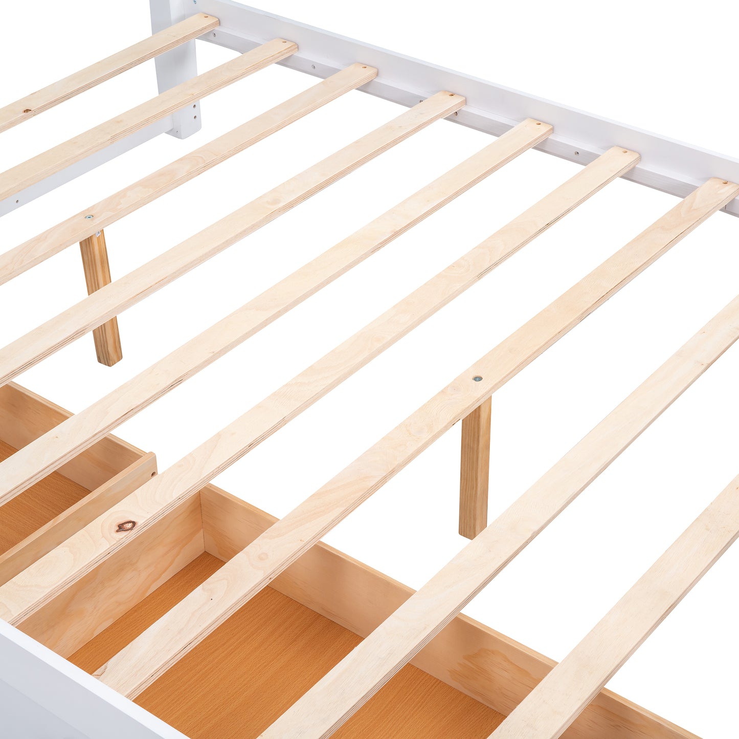 Melysen Queen Size Wood Platform Bed with Two Drawers and Wooden Slat Support,White+walnut