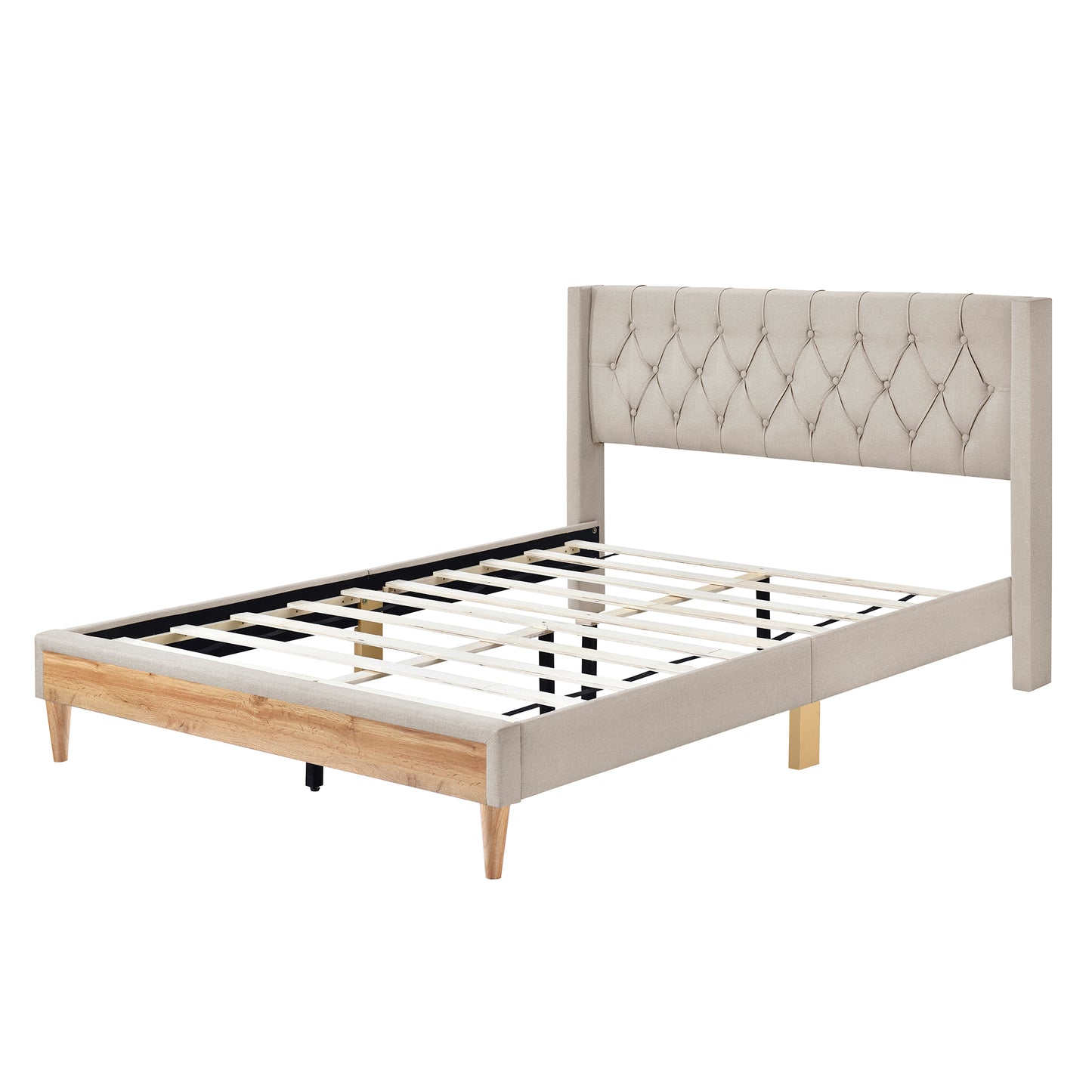 Melysen Upholstered Platform Bed with Rubber Wood Legs,No Box Spring Needed, Linen Fabric,Queen Size