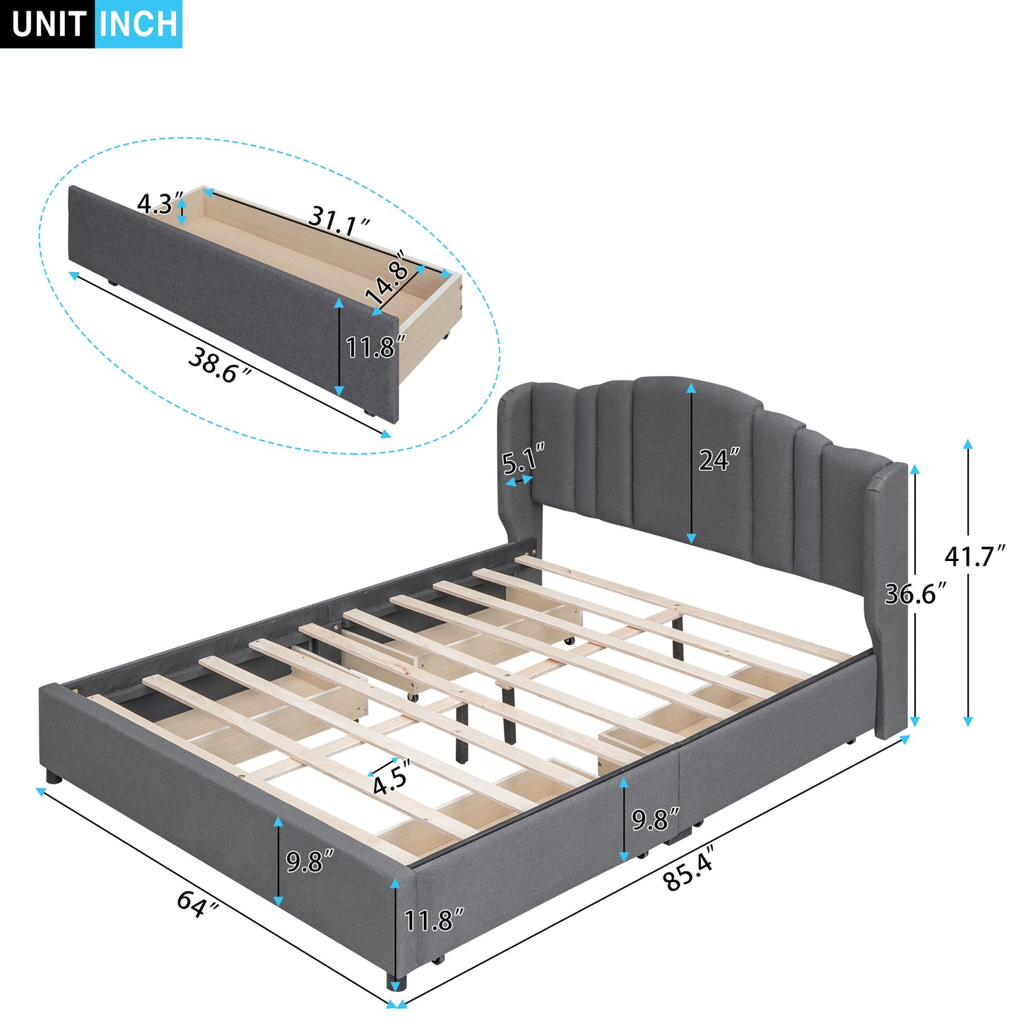 Melysen Upholstered Platform Bed with Wingback Headboard and 4 Drawers, No Box Spring Needed, Linen Fabric, Queen Size Gray