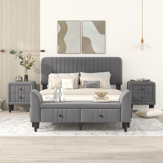 Melysen 4-Pieces Bedroom Sets Queen Size Upholstered Platform Bed with Two Nightstands and Storage Bench-Gray