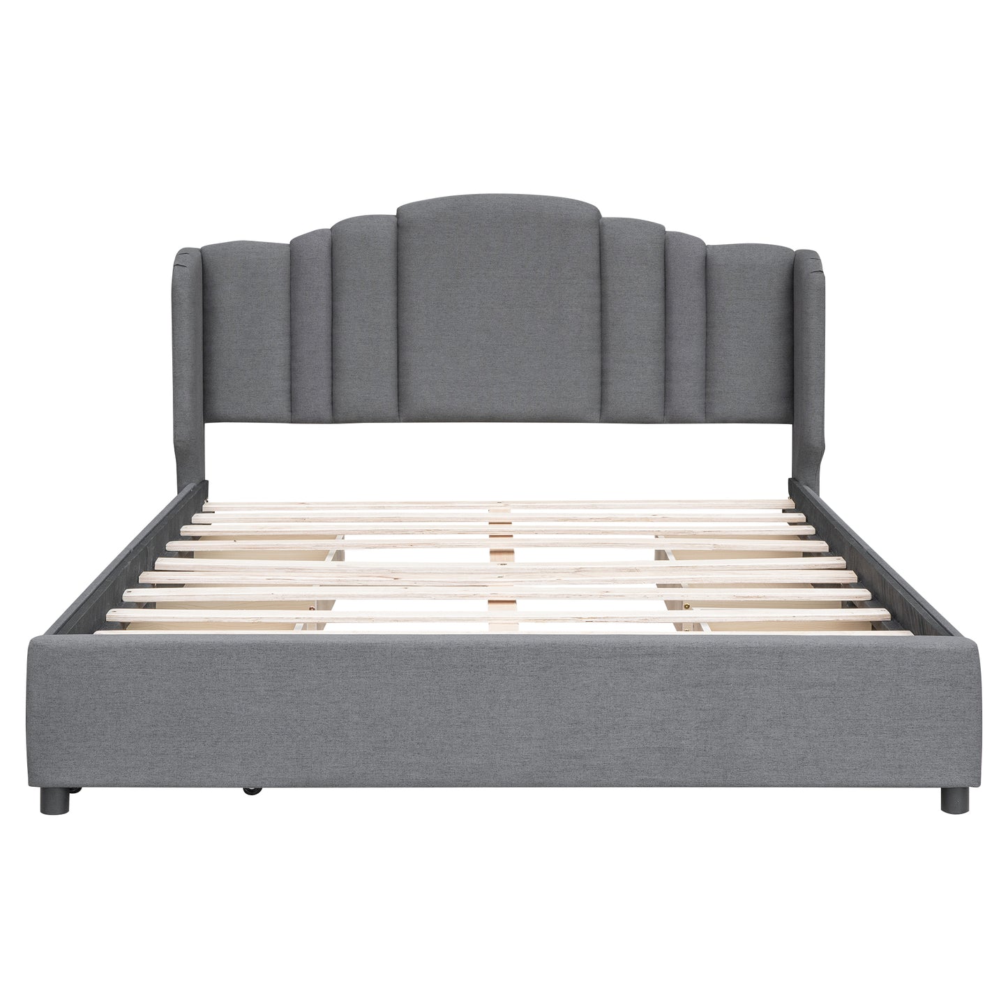 Melysen Upholstered Platform Bed with Wingback Headboard and 4 Drawers, No Box Spring Needed, Linen Fabric, Queen Size Gray