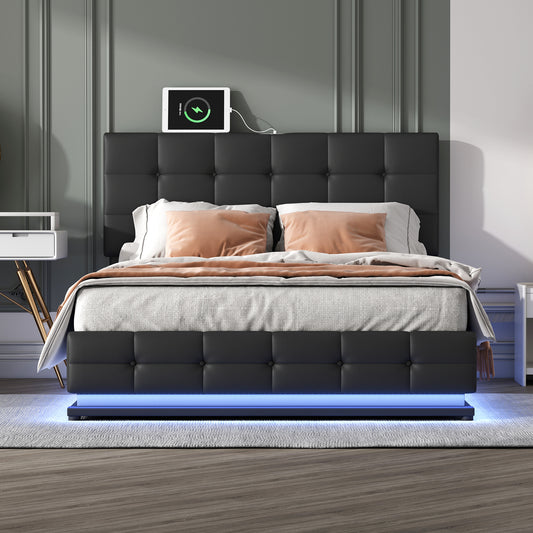 Melysen Tufted Upholstered Platform Bed with Hydraulic Storage System,Queen Size PU Storage Bed with LED Lights and USB charger