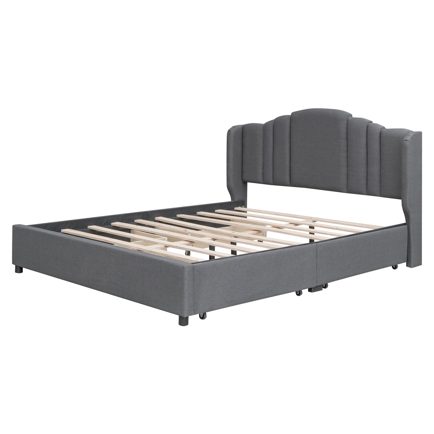 Melysen Upholstered Platform Bed with Wingback Headboard and 4 Drawers, No Box Spring Needed, Linen Fabric, Queen Size Gray