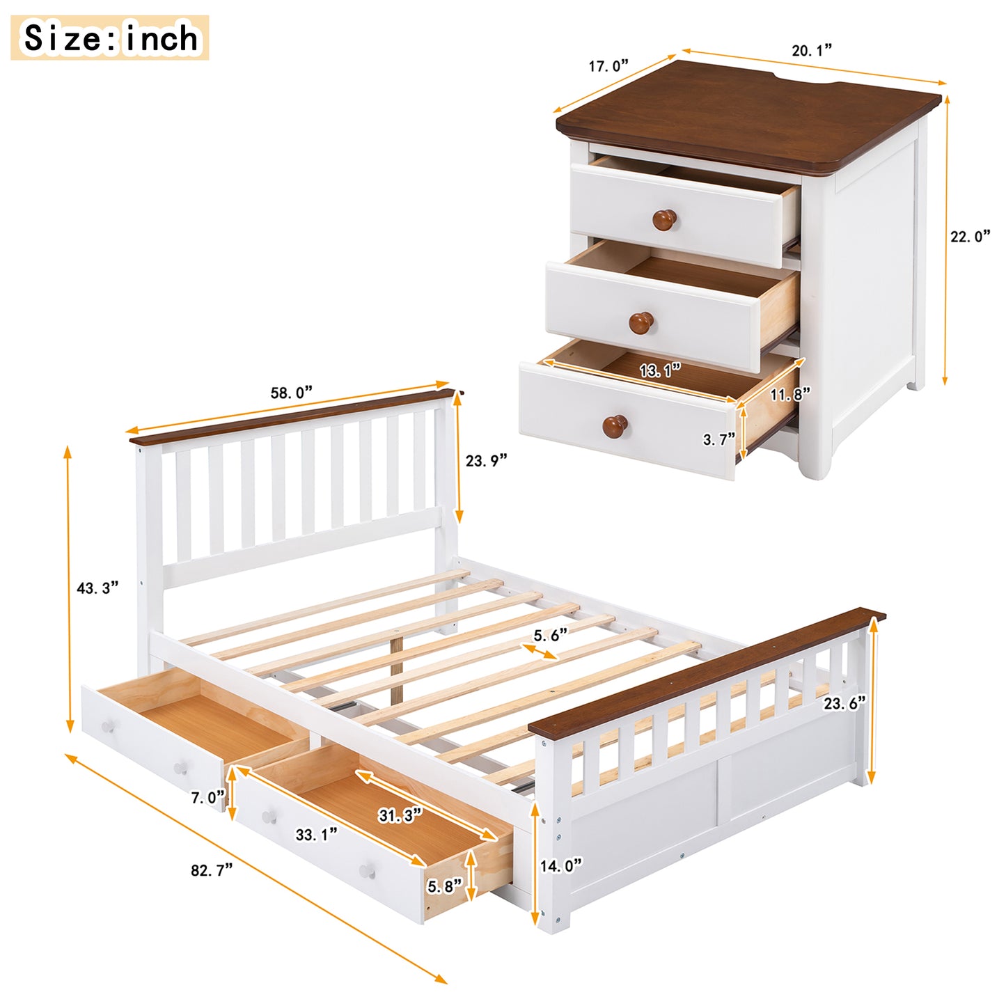 Melysen 3-Pieces Bedroom Sets Full Size Platform Bed with Two Nightstands(USB Charging Ports),White+Walnut