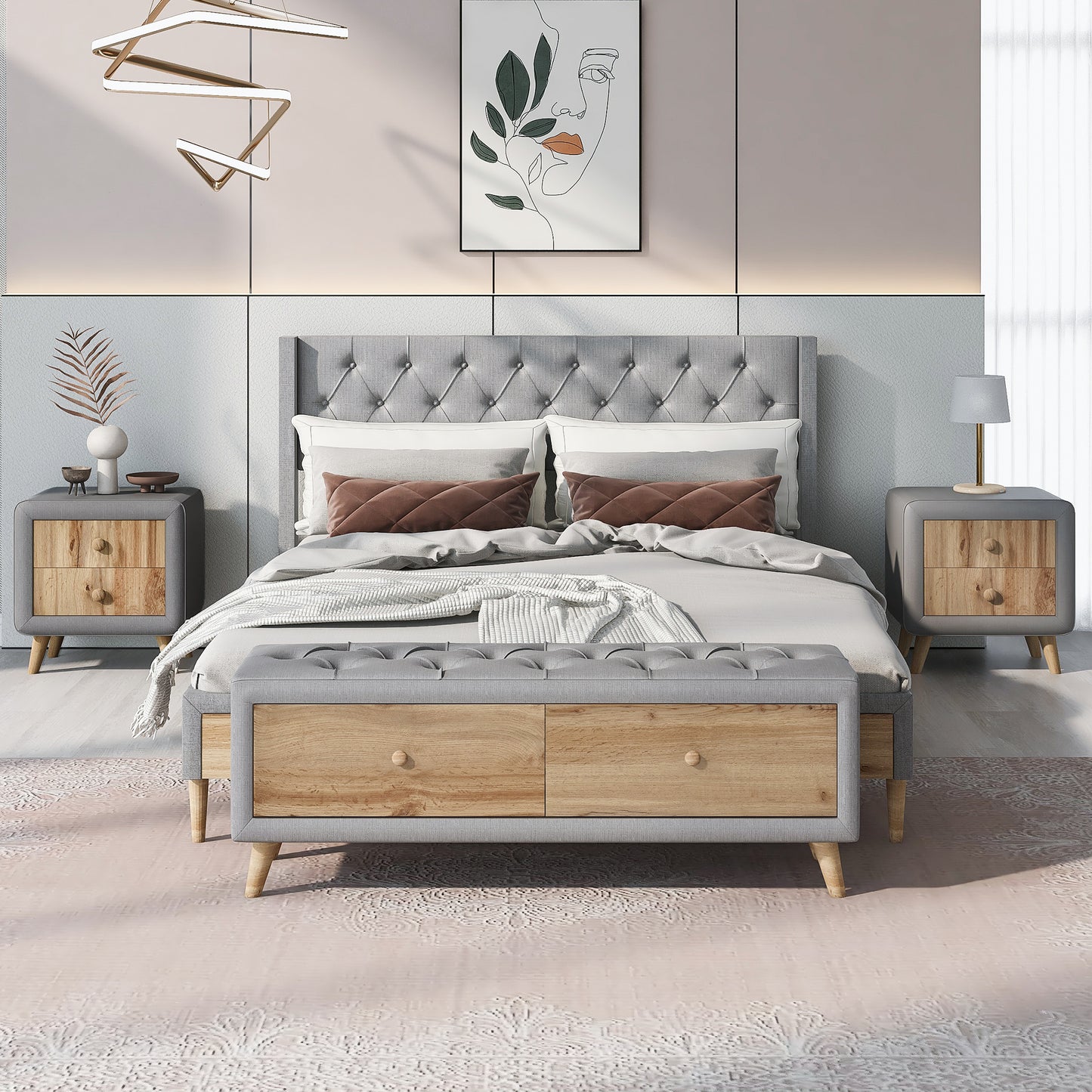 Melysen 4-Pieces Bedroom Sets Queen Size Upholstered Platform Bed with Two Nightstands and Storage Bench